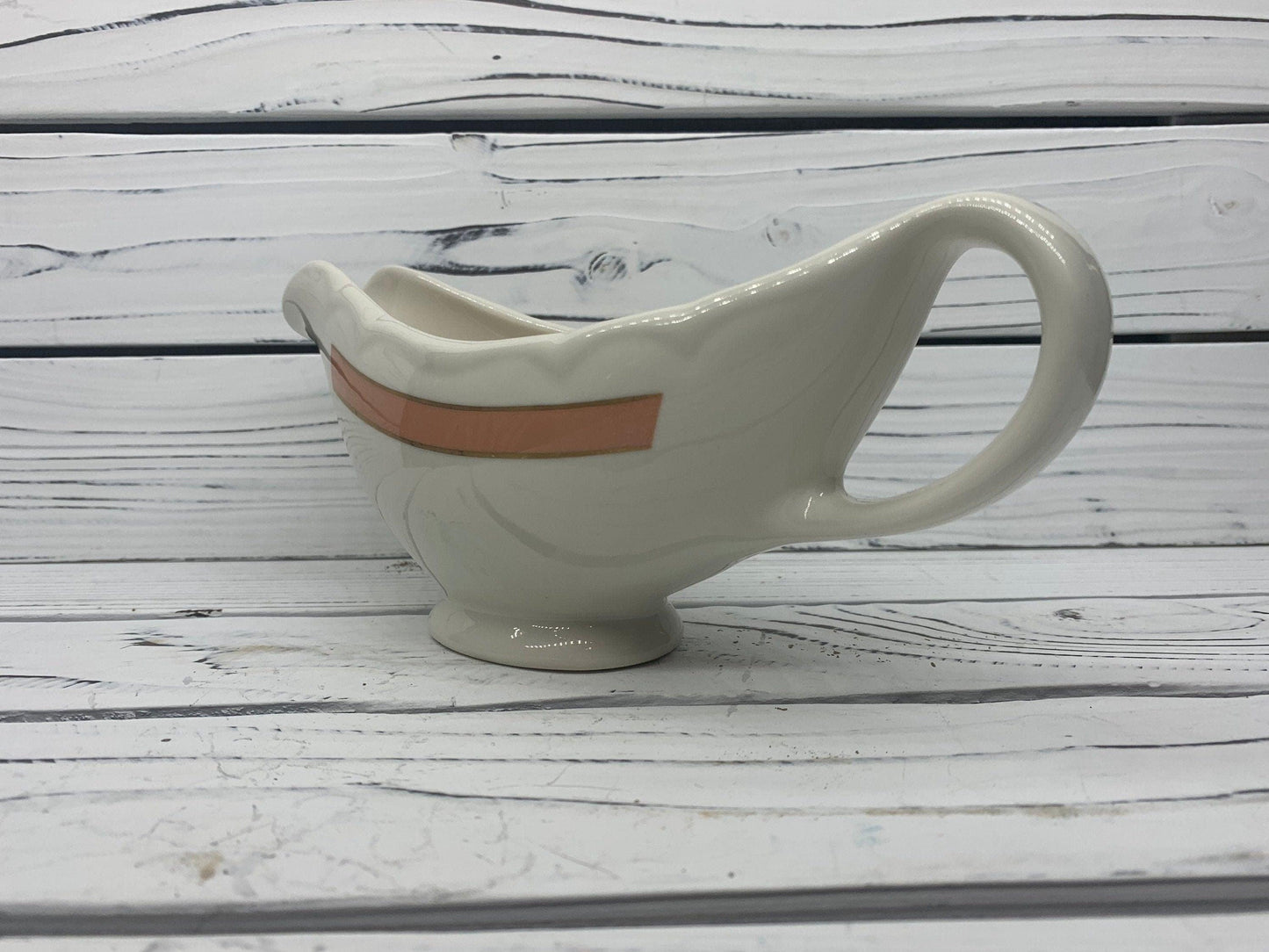 Vintage Gravy Boat by Homer Laughlin, HLC USA Off White Gravy Bowl with Pink Stripe -Located at Funkyhouse Vintage Antique Store, Weiser Idaho