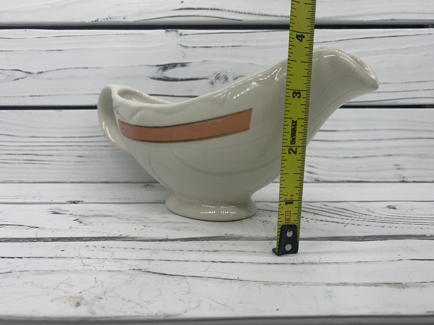 Vintage Gravy Boat by Homer Laughlin, HLC USA Off White Gravy Bowl with Pink Stripe -Located at Funkyhouse Vintage Antique Store, Weiser Idaho