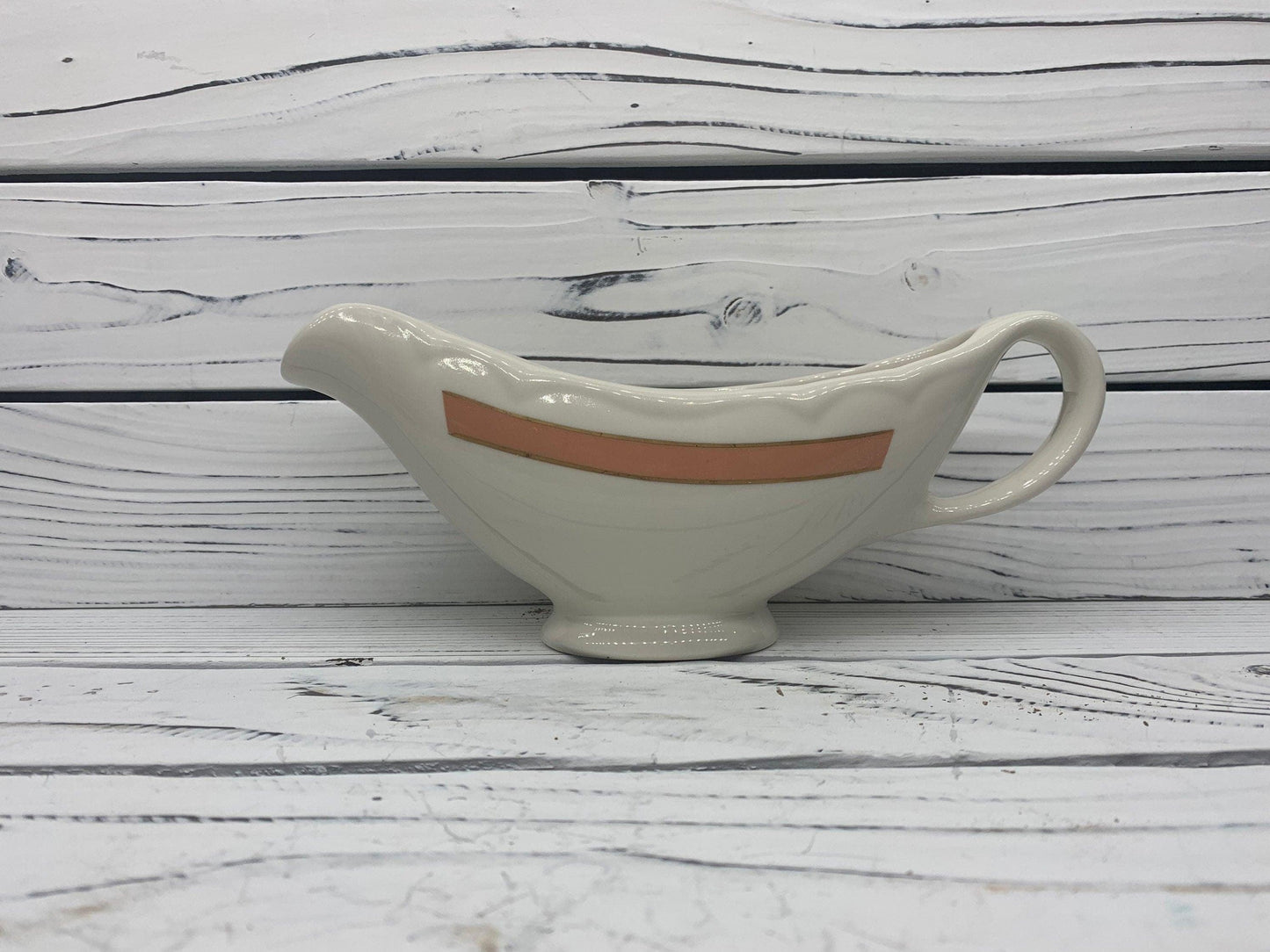 Vintage Gravy Boat by Homer Laughlin, HLC USA Off White Gravy Bowl with Pink Stripe -Located at Funkyhouse Vintage Antique Store, Weiser Idaho