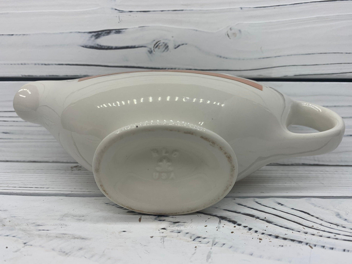 Vintage Gravy Boat by Homer Laughlin, HLC USA Off White Gravy Bowl with Pink Stripe -Located at Funkyhouse Vintage Antique Store, Weiser Idaho