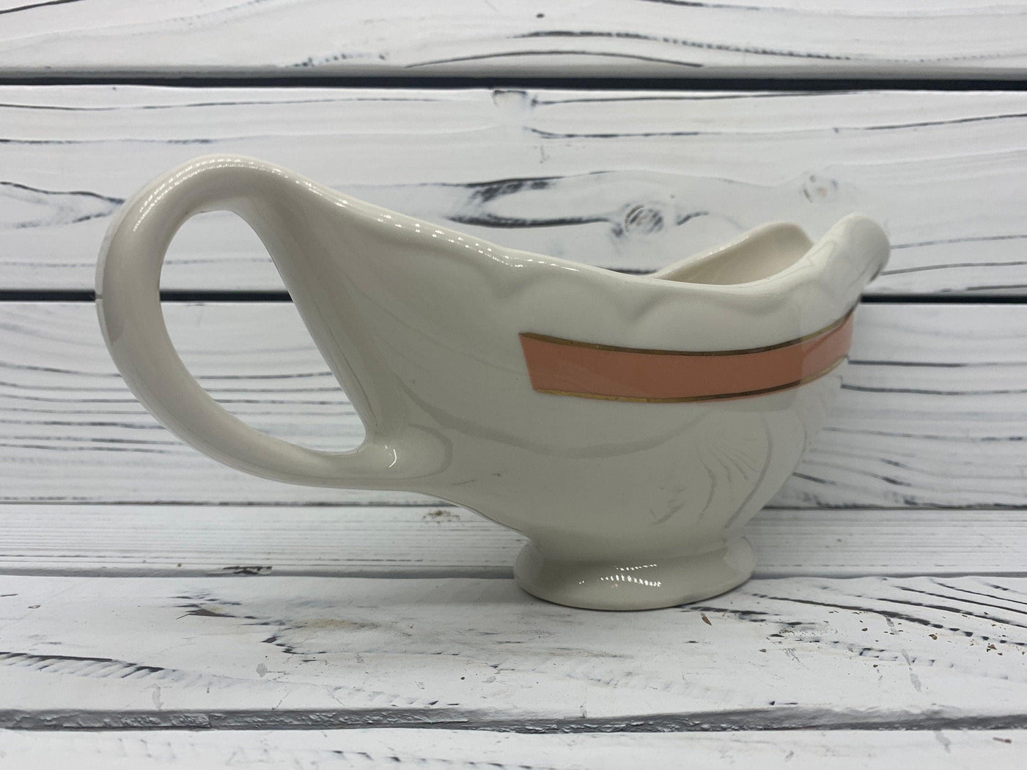Vintage Gravy Boat by Homer Laughlin, HLC USA Off White Gravy Bowl with Pink Stripe -Located at Funkyhouse Vintage Antique Store, Weiser Idaho
