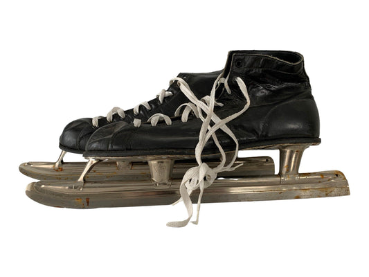 Vintage Ice Skates, Black Leather Skates With Maple Leaf On Blade, Mens Skates -Located at Funkyhouse Vintage Antique Store, Weiser Idaho