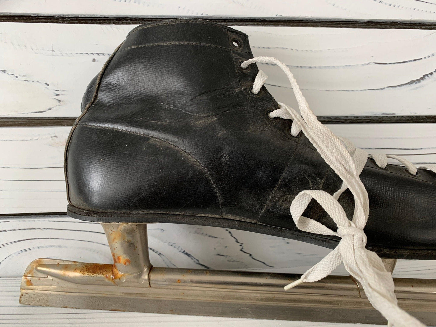 Vintage Ice Skates, Black Leather Skates With Maple Leaf On Blade, Mens Skates -Located at Funkyhouse Vintage Antique Store, Weiser Idaho