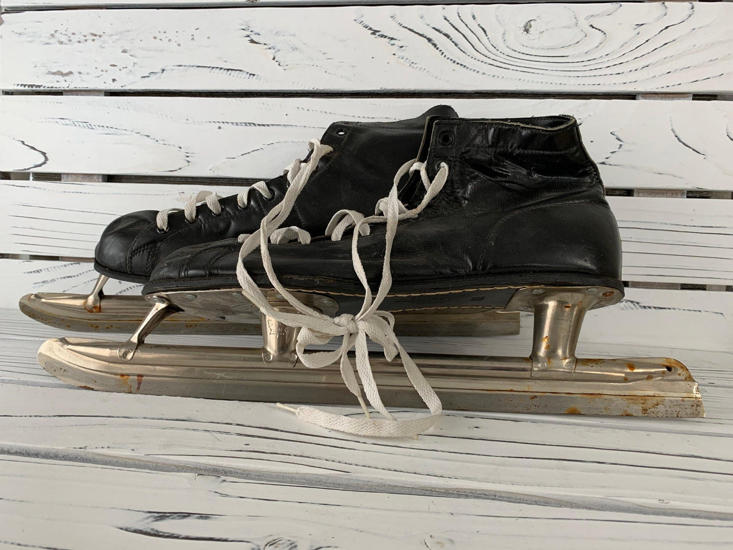 Vintage Ice Skates, Black Leather Skates With Maple Leaf On Blade, Mens Skates -Located at Funkyhouse Vintage Antique Store, Weiser Idaho