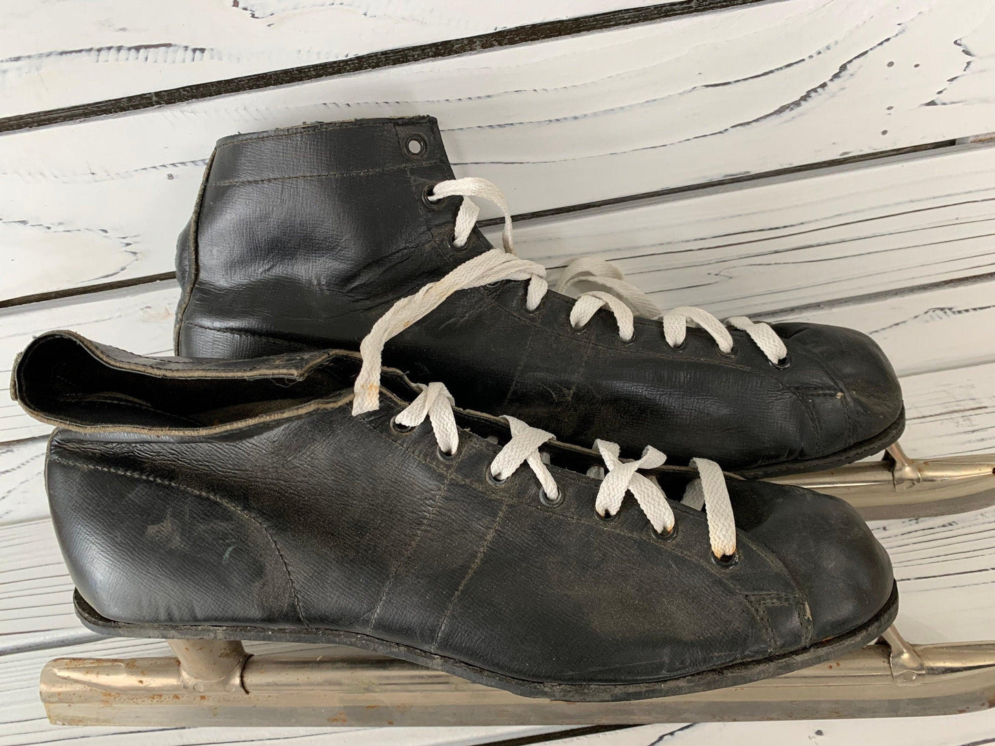 Vintage Ice Skates, Black Leather Skates With Maple Leaf On Blade, Mens Skates -Located at Funkyhouse Vintage Antique Store, Weiser Idaho