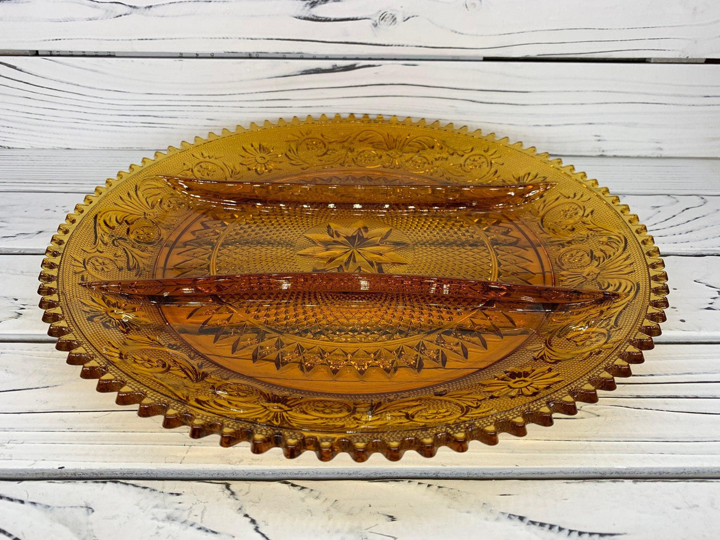 Vintage Indiana Glass Serving Platter with Separators, Amber Serving Condiments or Appetizers Dish -Located at Funkyhouse Vintage Antique Store, Weiser Idaho