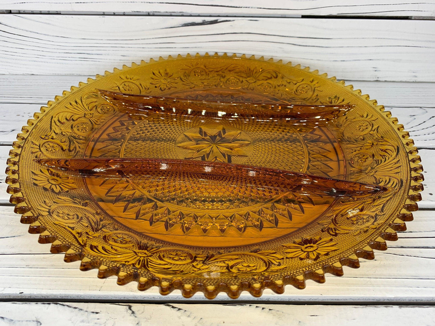 Vintage Indiana Glass Serving Platter with Separators, Amber Serving Condiments or Appetizers Dish -Located at Funkyhouse Vintage Antique Store, Weiser Idaho
