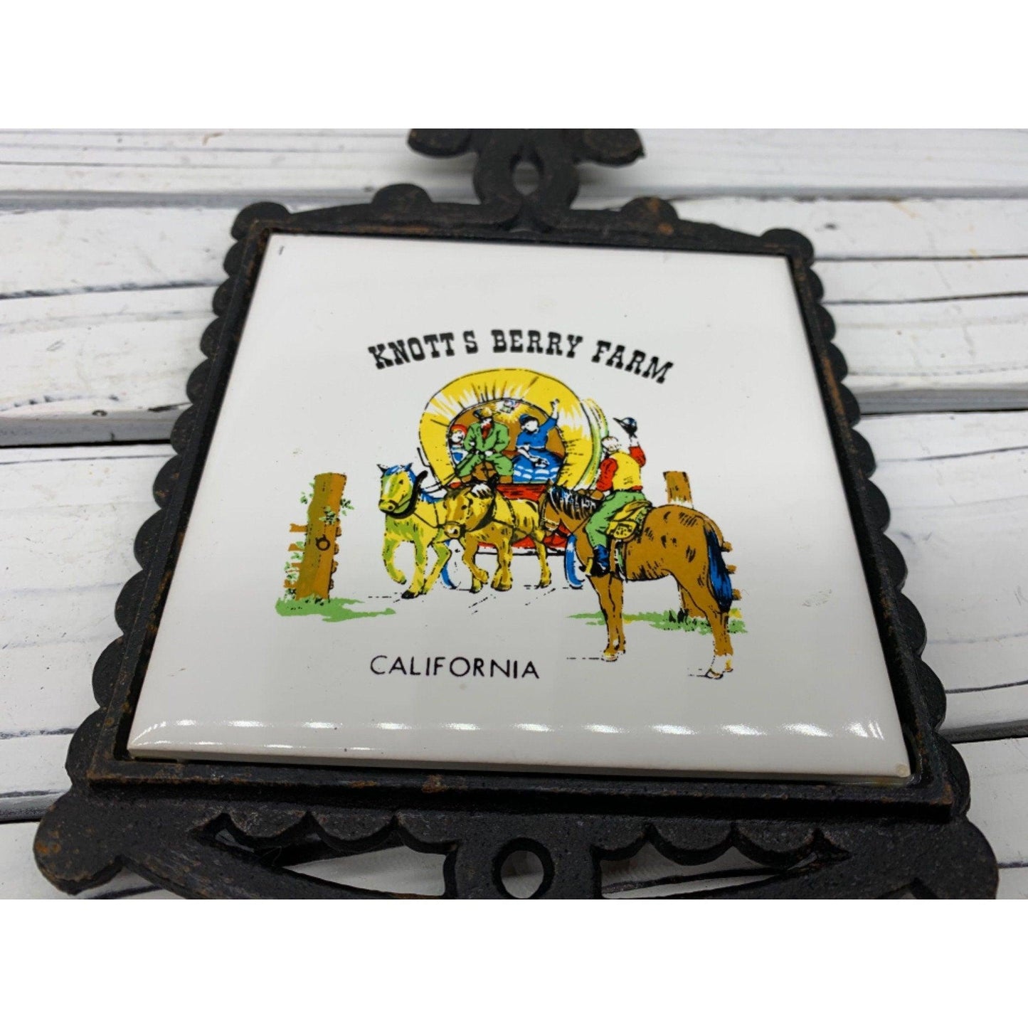 Vintage Knott's Berry Farm Trivet, Ceramic & Cast Iron Souvenir Trivet, Collectors Kitchen Pan Rest -Located at Funkyhouse Vintage Antique Store, Weiser Idaho