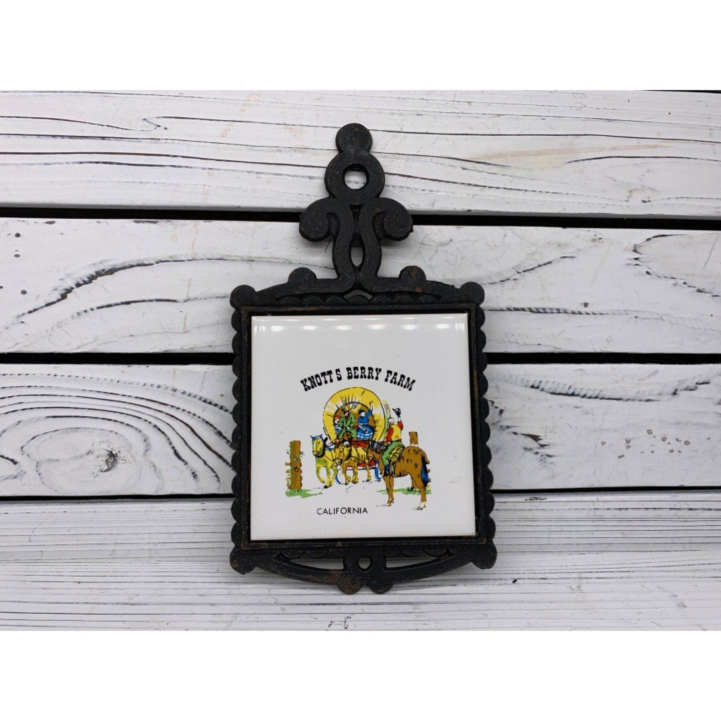 Vintage Knott's Berry Farm Trivet, Ceramic & Cast Iron Souvenir Trivet, Collectors Kitchen Pan Rest -Located at Funkyhouse Vintage Antique Store, Weiser Idaho