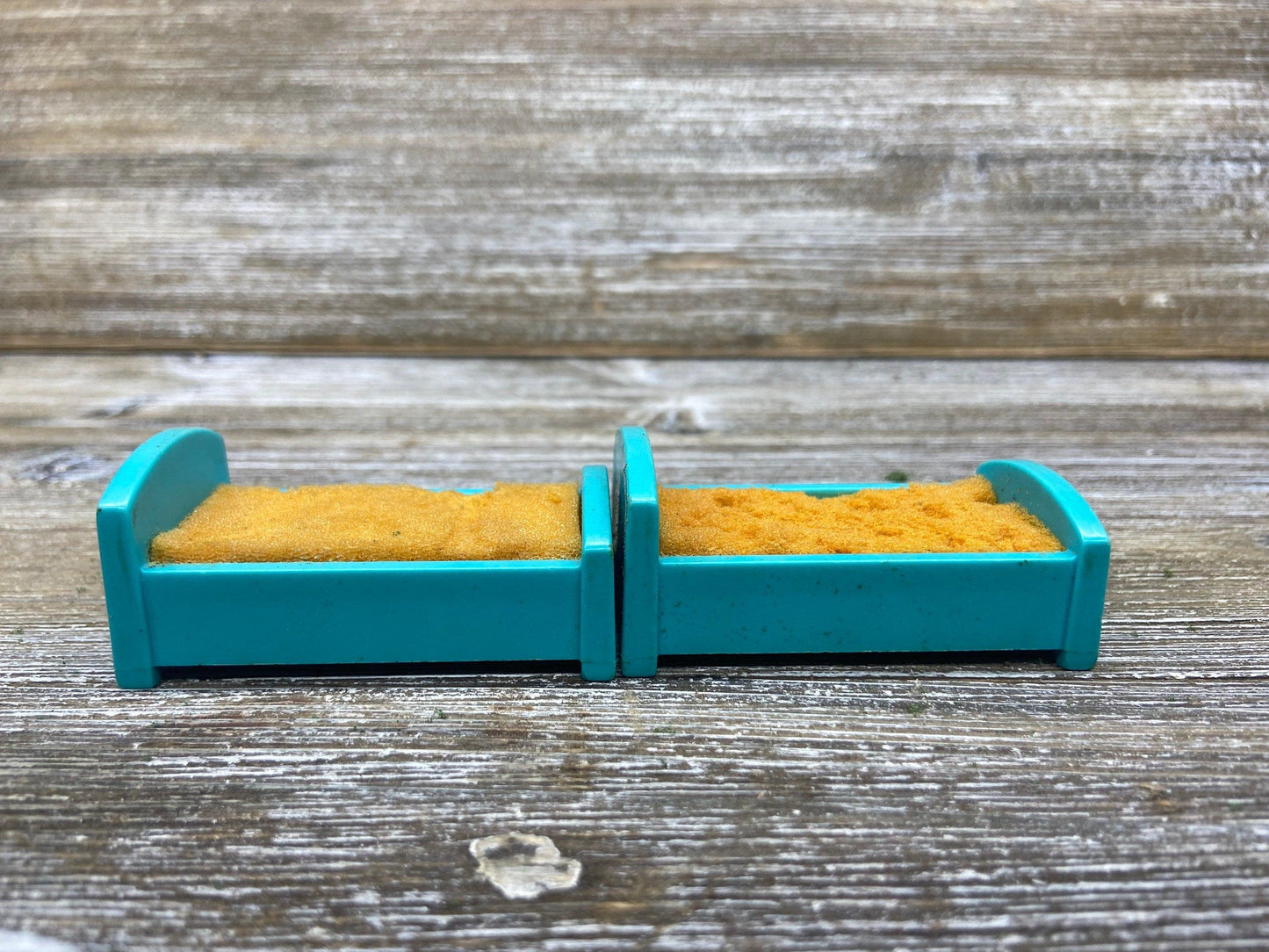 Vintage Little People Bed, Set of Two Single Blue Twin Beds, 1970s Fisher Price Toys, Pretend Play House -Located at Funkyhouse Vintage Antique Store, Weiser Idaho