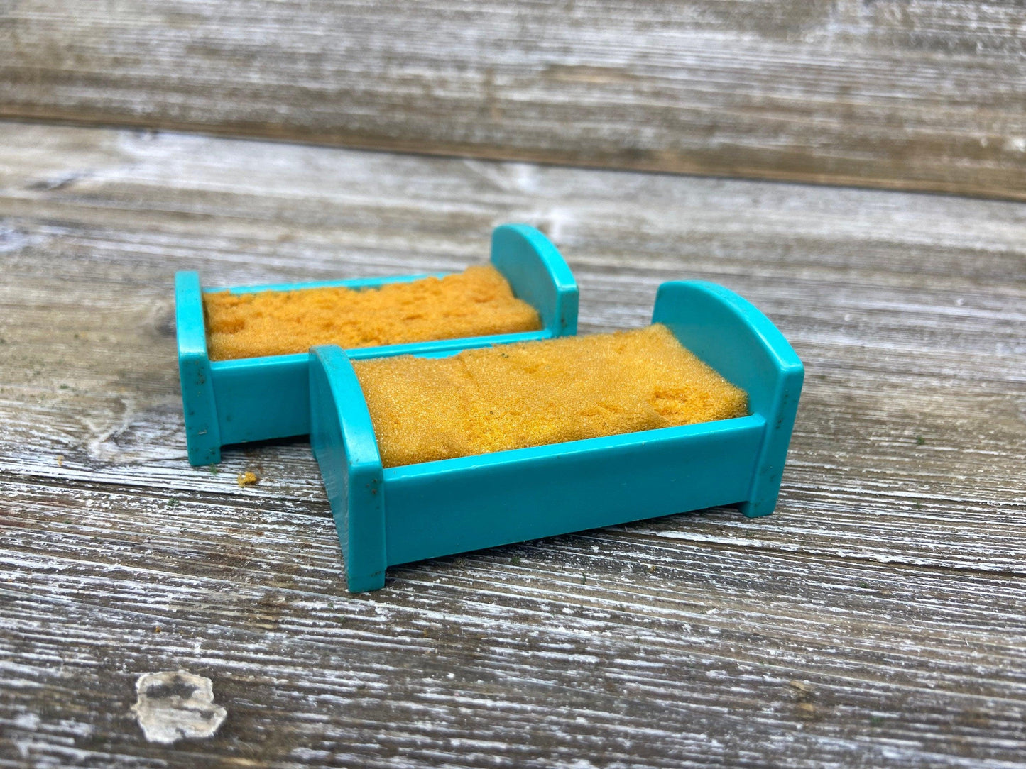 Vintage Little People Bed, Set of Two Single Blue Twin Beds, 1970s Fisher Price Toys, Pretend Play House -Located at Funkyhouse Vintage Antique Store, Weiser Idaho