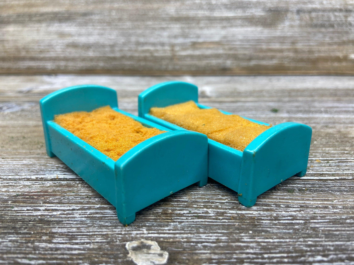 Vintage Little People Bed, Set of Two Single Blue Twin Beds, 1970s Fisher Price Toys, Pretend Play House -Located at Funkyhouse Vintage Antique Store, Weiser Idaho