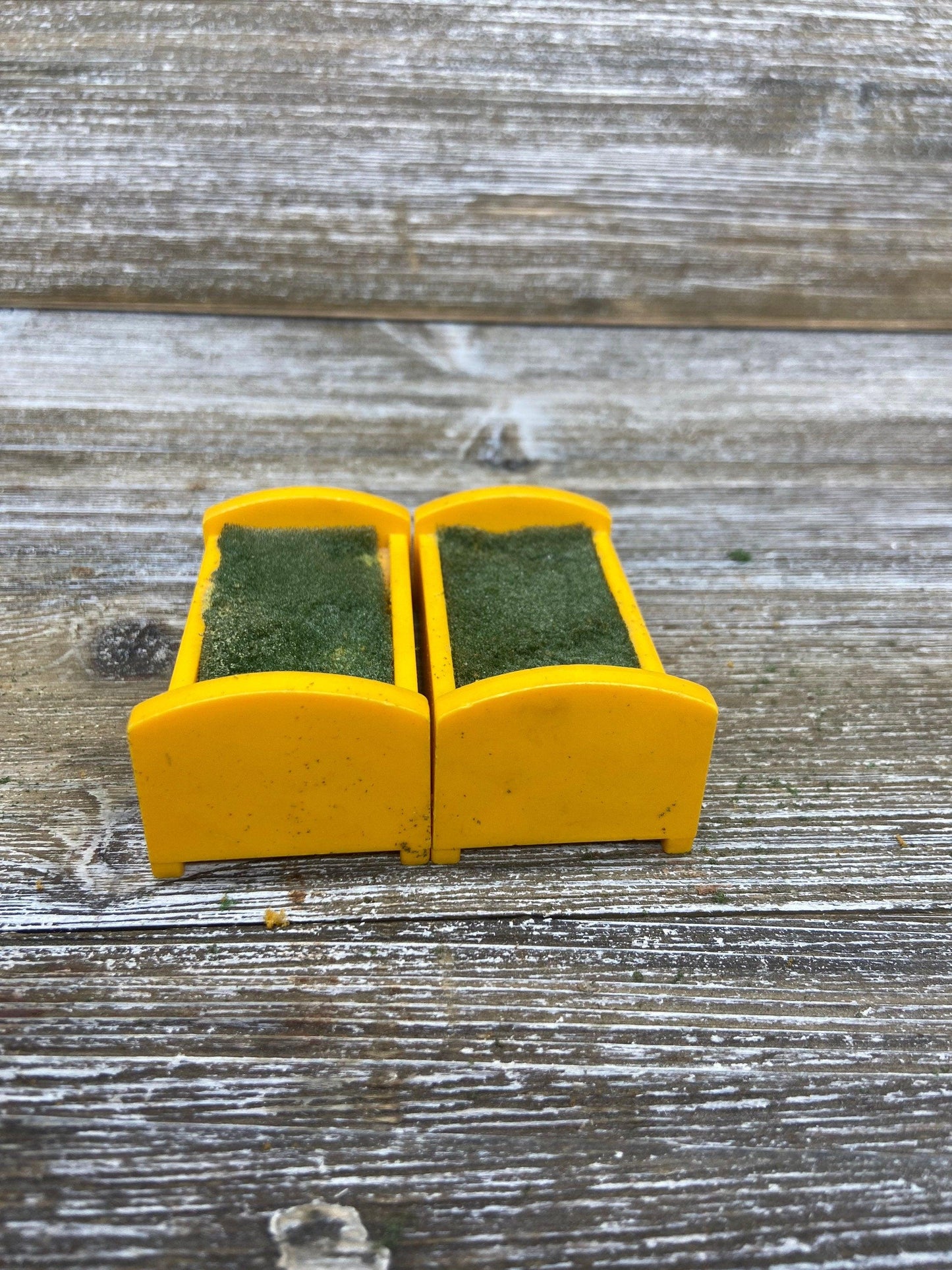 Vintage Little People Bed, Set of Two Single Yellow Twin Beds, 1970s Fisher Price Toys, Pretend Play House -Located at Funkyhouse Vintage Antique Store, Weiser Idaho