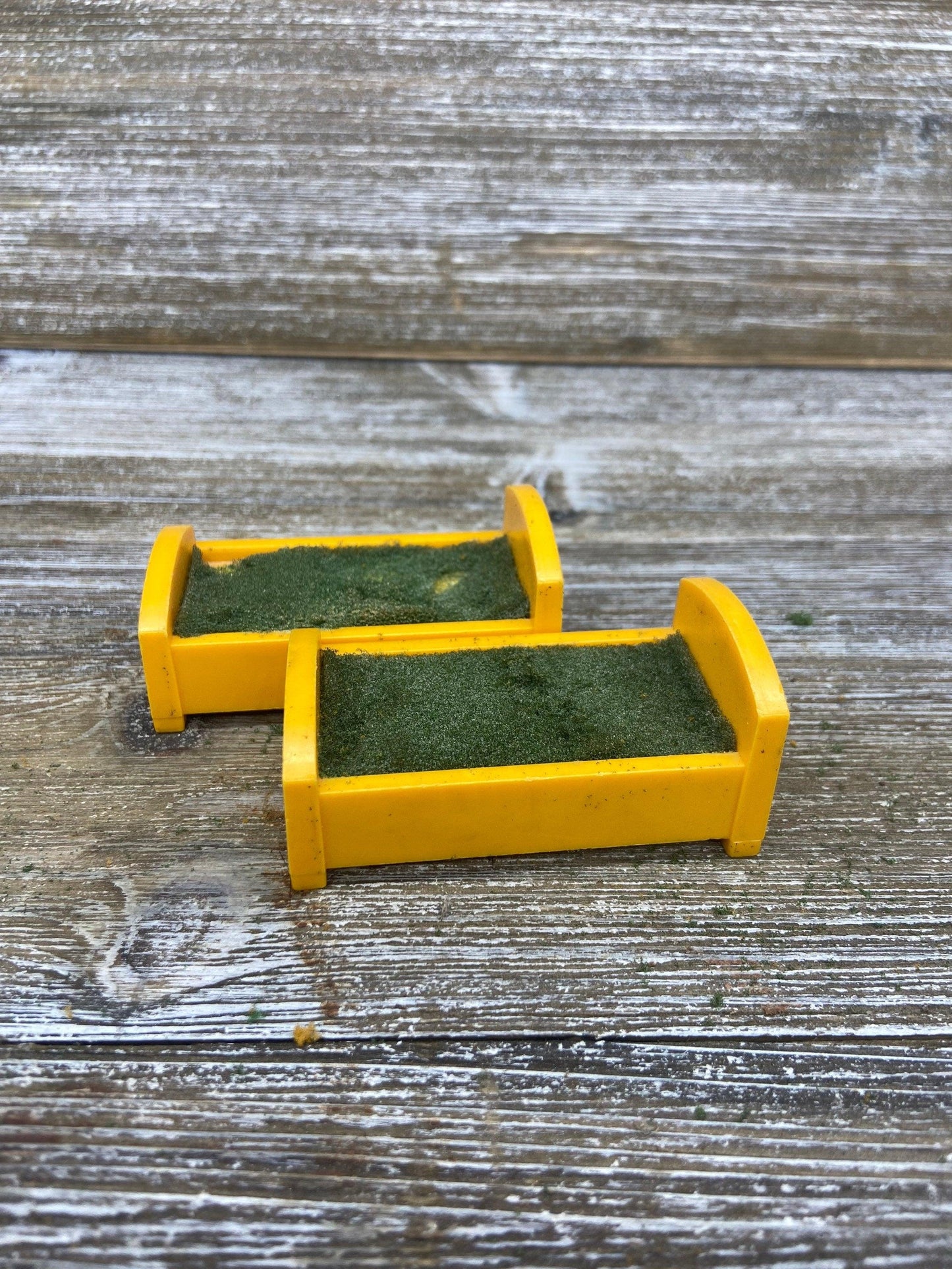Vintage Little People Bed, Set of Two Single Yellow Twin Beds, 1970s Fisher Price Toys, Pretend Play House -Located at Funkyhouse Vintage Antique Store, Weiser Idaho
