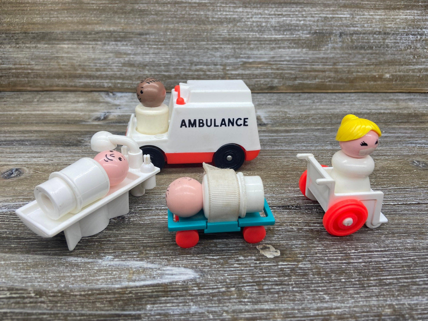 Vintage Little People Hospital, Ambulance, Operating Table, Wheelchair, Gurney, Nurses, Doctors, 1970s Fisher Price Toys -Located at Funkyhouse Vintage Antique Store, Weiser Idaho
