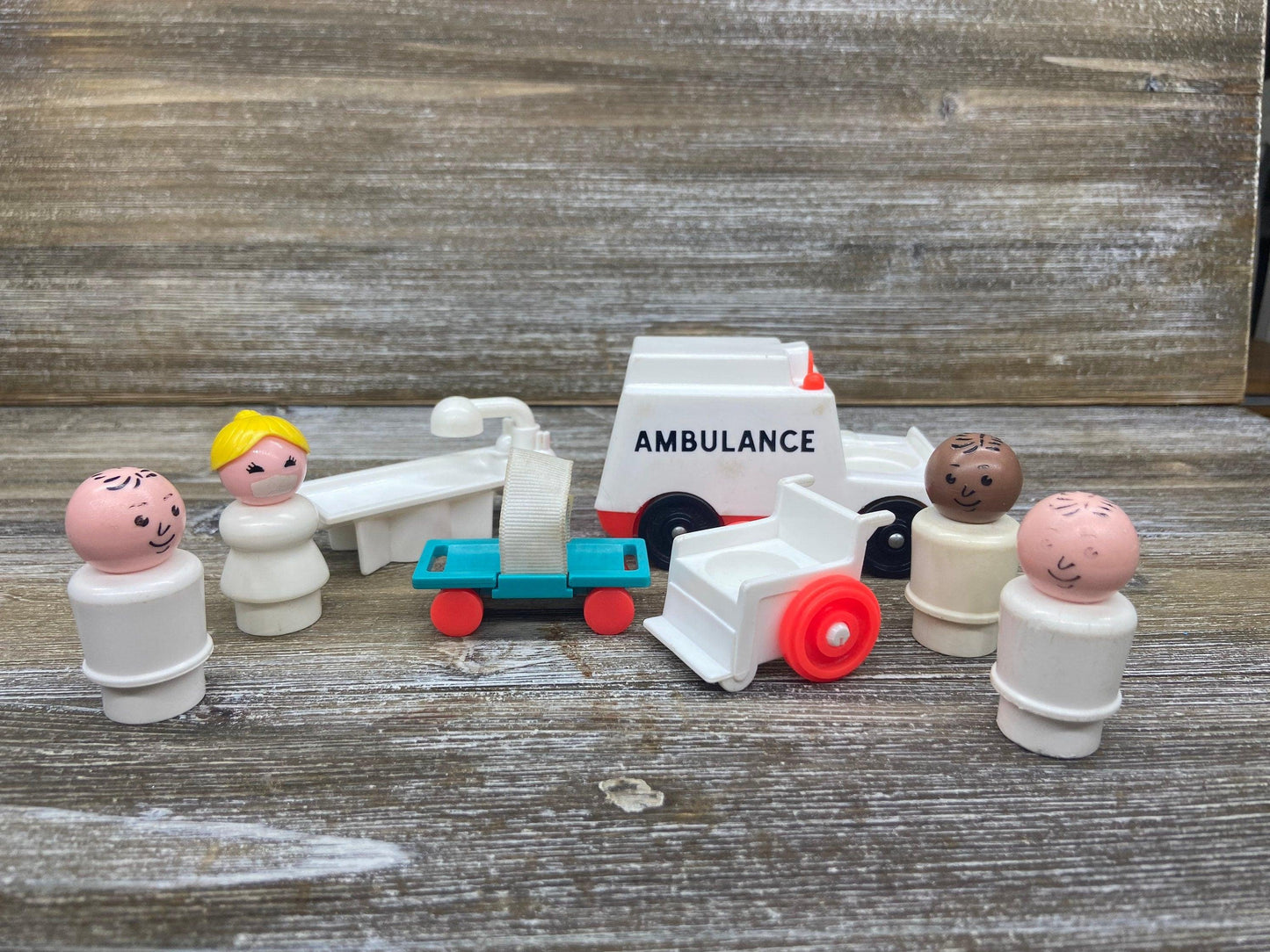 Vintage Little People Hospital, Ambulance, Operating Table, Wheelchair, Gurney, Nurses, Doctors, 1970s Fisher Price Toys -Located at Funkyhouse Vintage Antique Store, Weiser Idaho