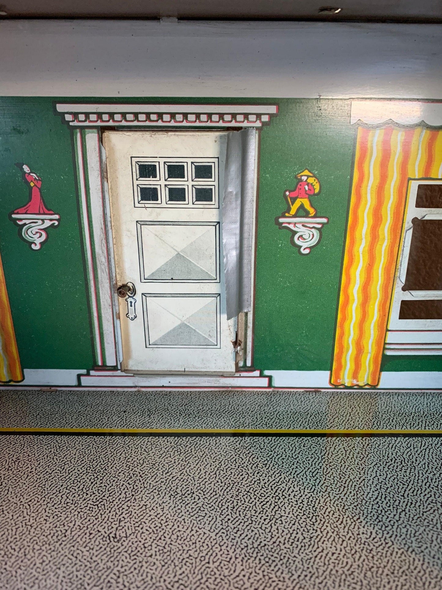 Vintage Metal Doll House, T Cohn Superior 2 Story Tin Litho Dollhouse in Red, Green and Yellow -Located at Funkyhouse Vintage Antique Store, Weiser Idaho