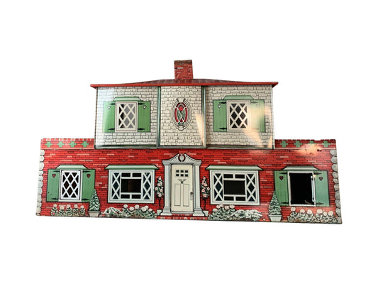 Vintage Metal Doll House, T Cohn Superior 2 Story Tin Litho Dollhouse in Red, Green and Yellow -Located at Funkyhouse Vintage Antique Store, Weiser Idaho