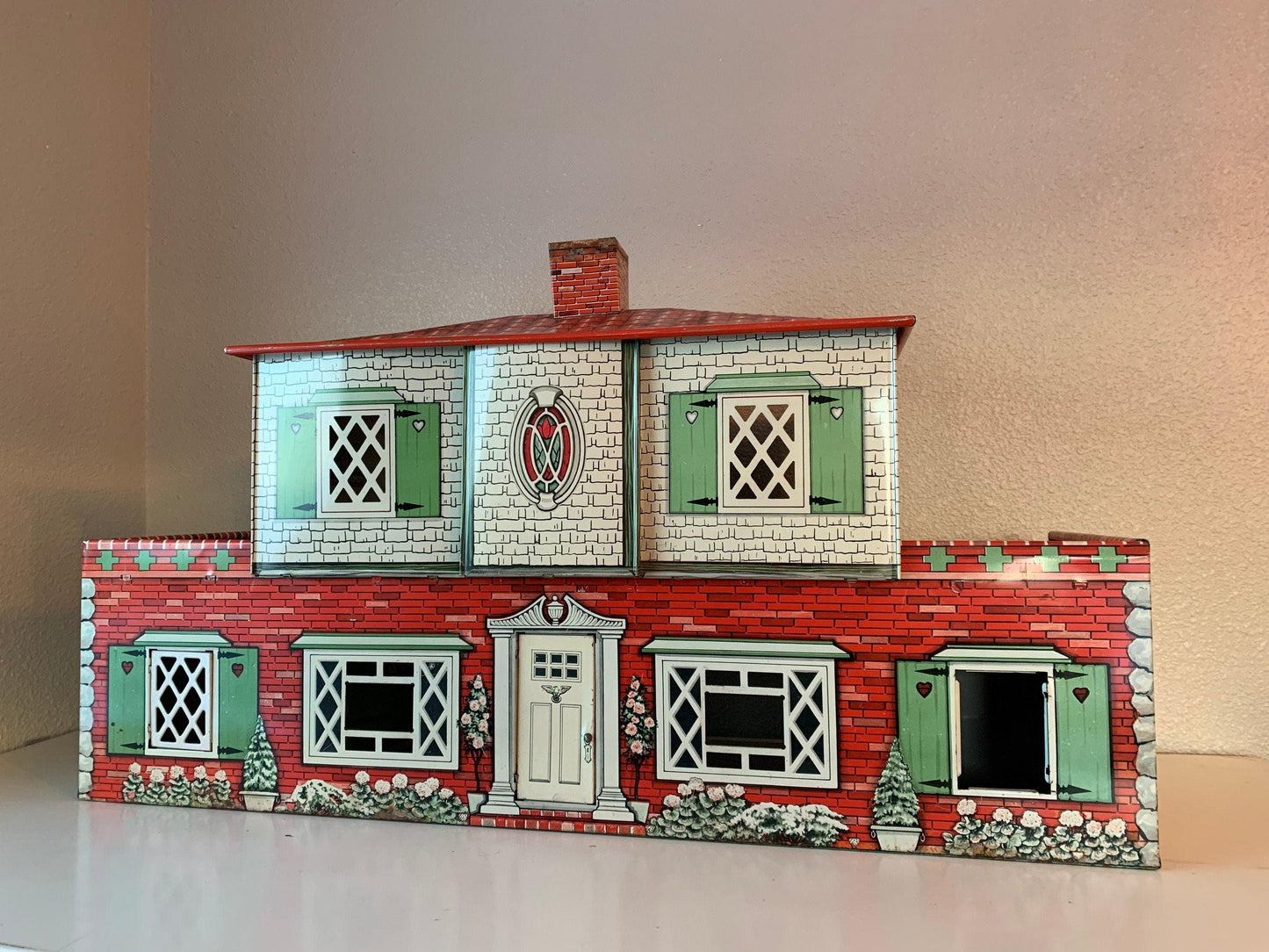 Vintage Metal Doll House, T Cohn Superior 2 Story Tin Litho Dollhouse in Red, Green and Yellow -Located at Funkyhouse Vintage Antique Store, Weiser Idaho
