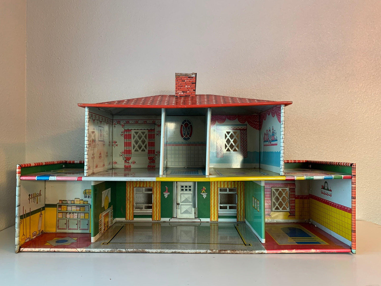 Vintage Metal Doll House, T Cohn Superior 2 Story Tin Litho Dollhouse in Red, Green and Yellow -Located at Funkyhouse Vintage Antique Store, Weiser Idaho