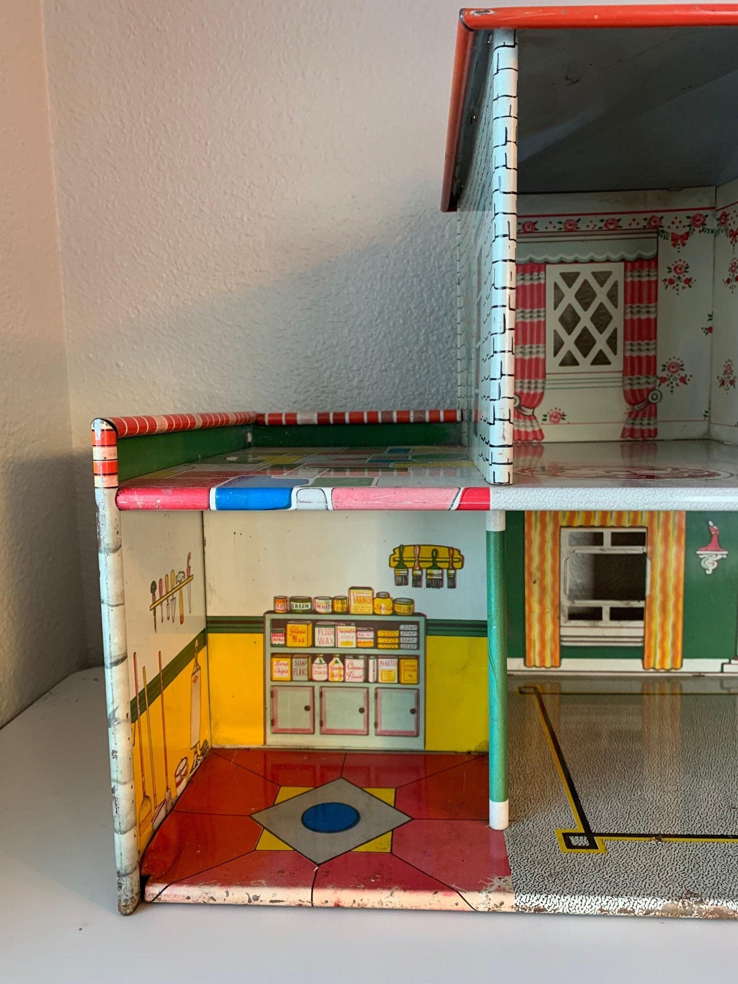 Vintage Metal Doll House, T Cohn Superior 2 Story Tin Litho Dollhouse in Red, Green and Yellow -Located at Funkyhouse Vintage Antique Store, Weiser Idaho