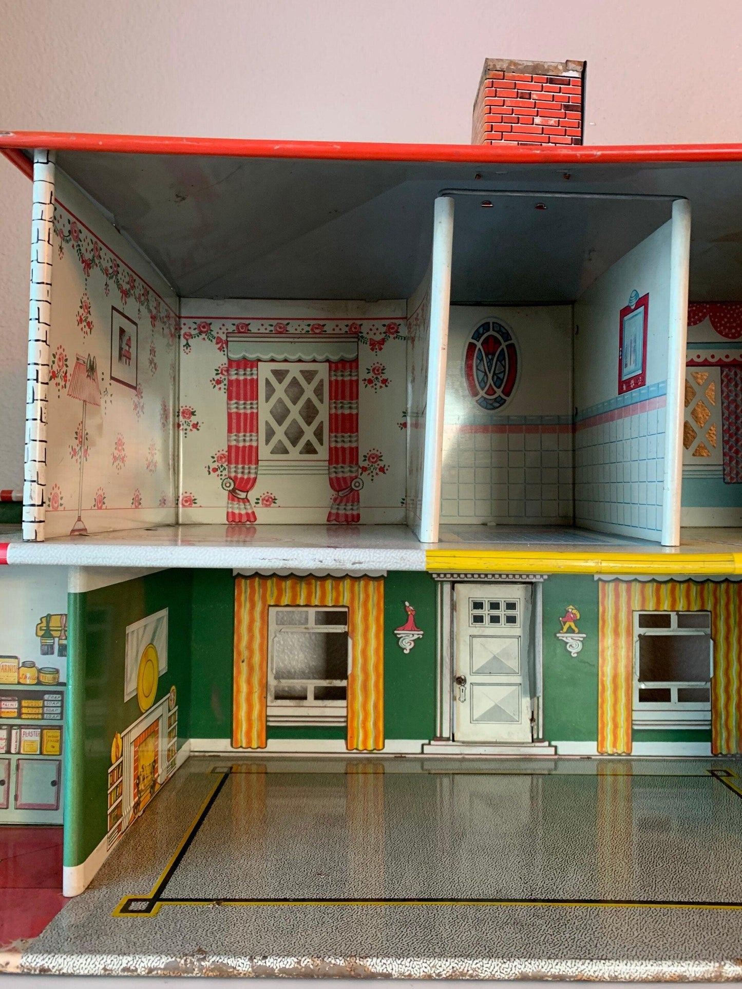 Vintage Metal Doll House, T Cohn Superior 2 Story Tin Litho Dollhouse in Red, Green and Yellow -Located at Funkyhouse Vintage Antique Store, Weiser Idaho
