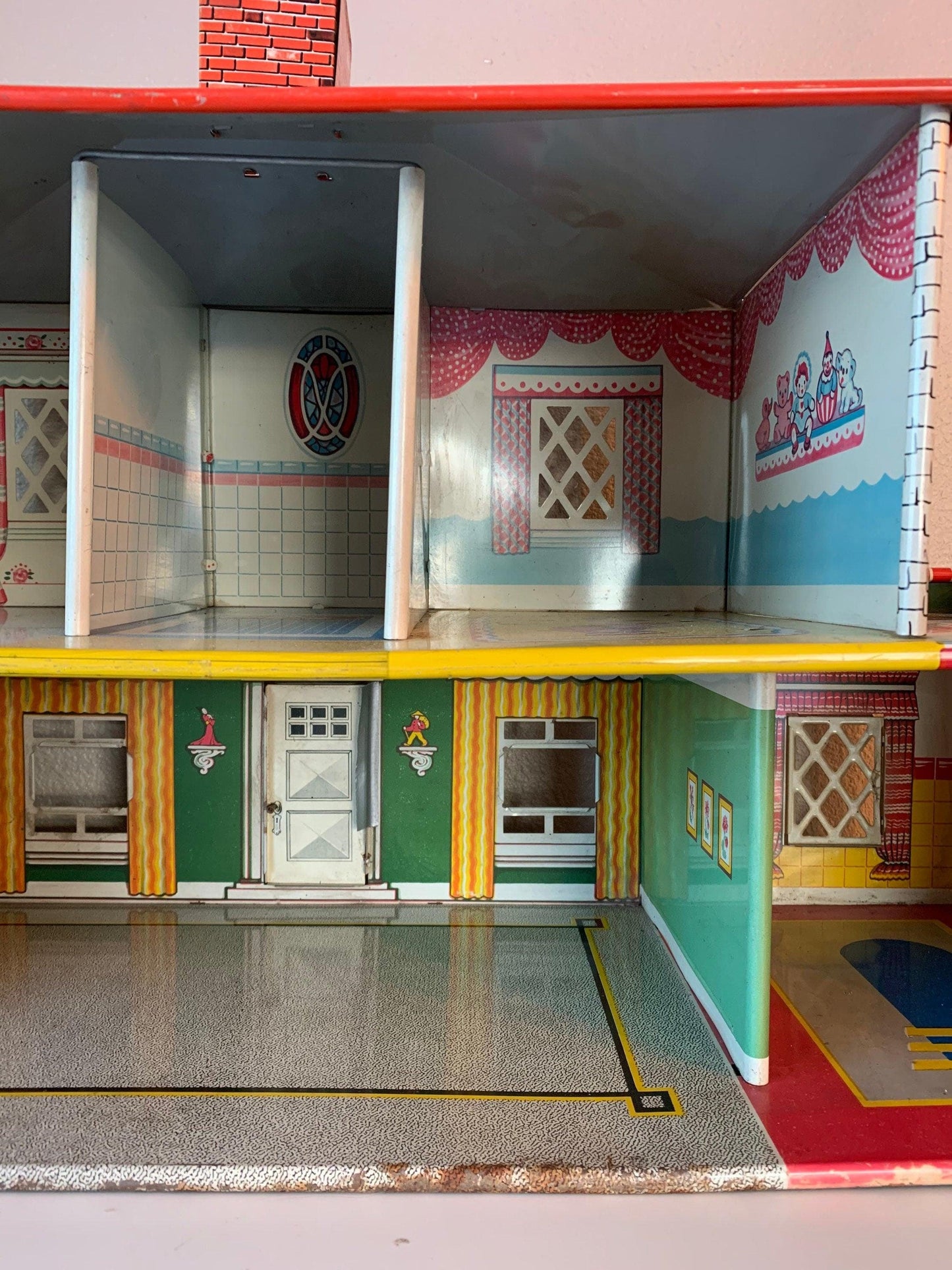 Vintage Metal Doll House, T Cohn Superior 2 Story Tin Litho Dollhouse in Red, Green and Yellow -Located at Funkyhouse Vintage Antique Store, Weiser Idaho