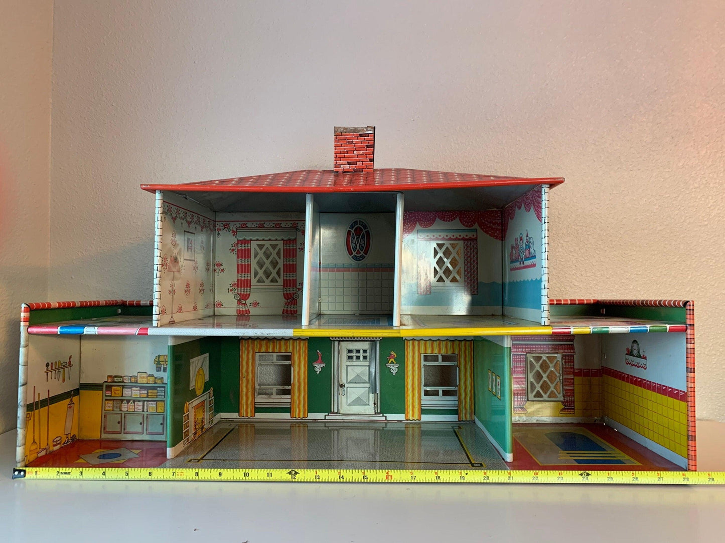 Vintage Metal Doll House, T Cohn Superior 2 Story Tin Litho Dollhouse in Red, Green and Yellow -Located at Funkyhouse Vintage Antique Store, Weiser Idaho