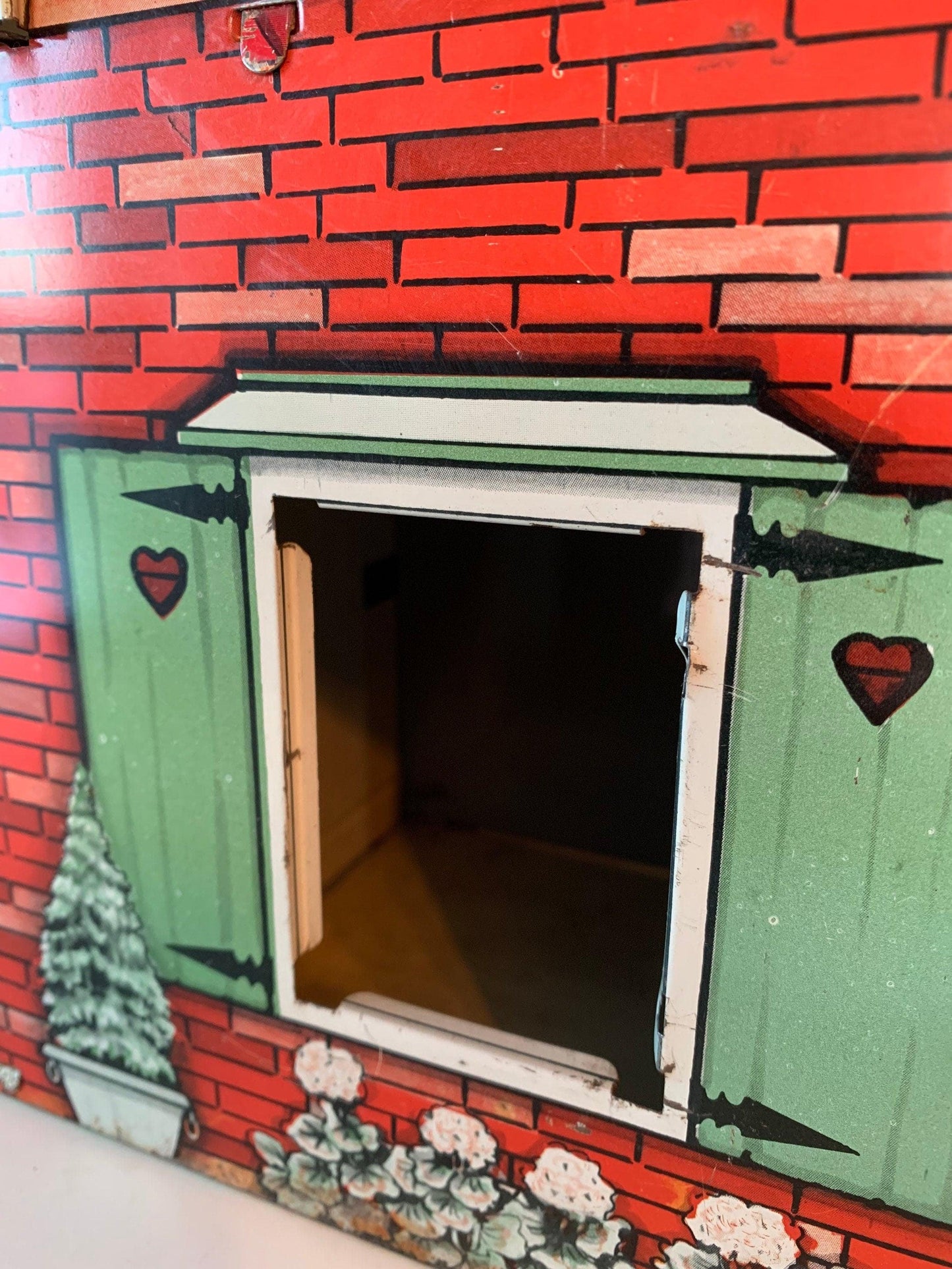 Vintage Metal Doll House, T Cohn Superior 2 Story Tin Litho Dollhouse in Red, Green and Yellow -Located at Funkyhouse Vintage Antique Store, Weiser Idaho
