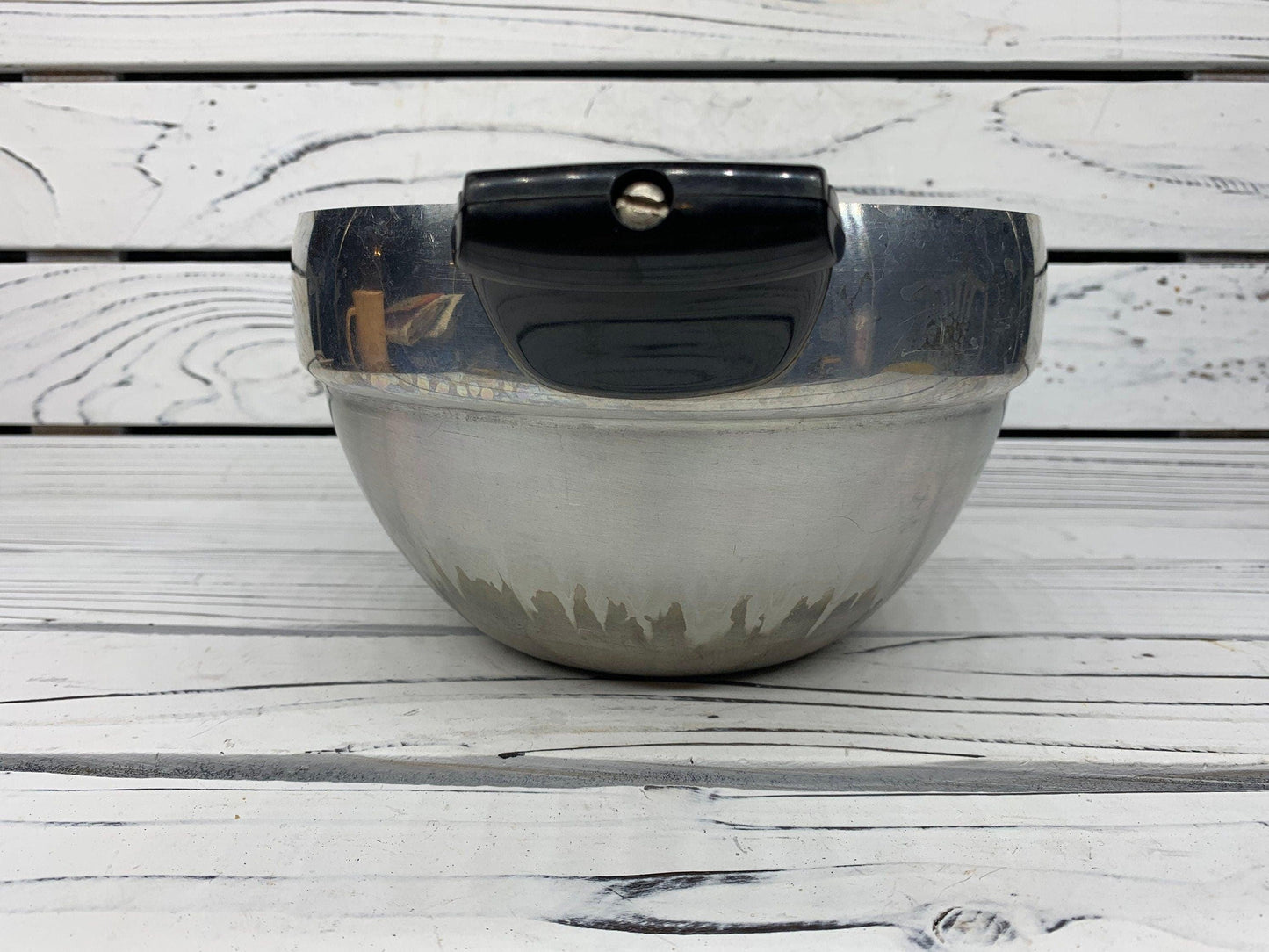 Vintage Metal Mixing Bowl With Plastic Handles on Each Side, Medium Serving Bowl -Located at Funkyhouse Vintage Antique Store, Weiser Idaho