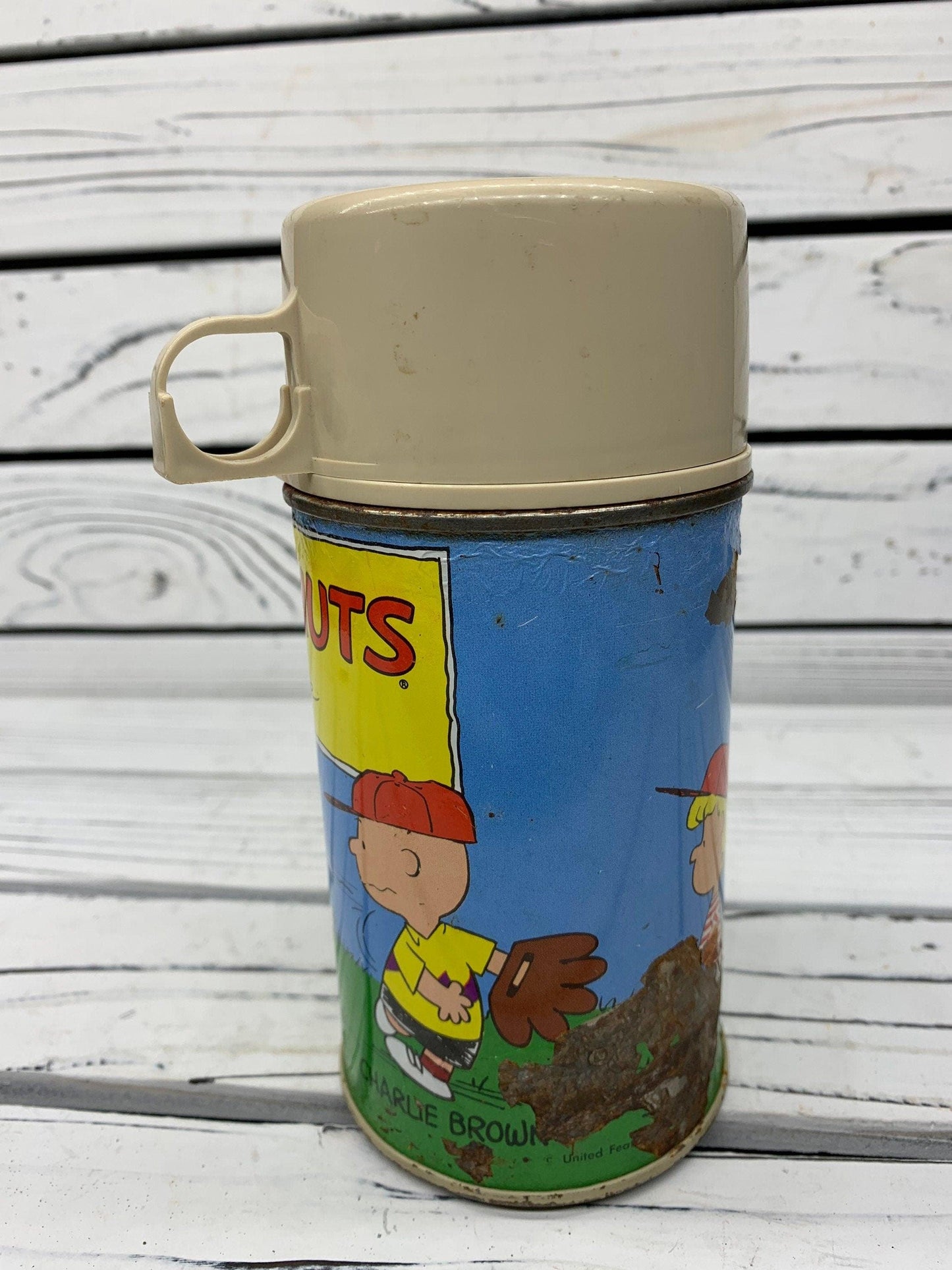 Vintage Metal Peanuts Snoopy Thermos, Snoopy Kids Lunchbox Thermos, 1950s -Located at Funkyhouse Vintage Antique Store, Weiser Idaho