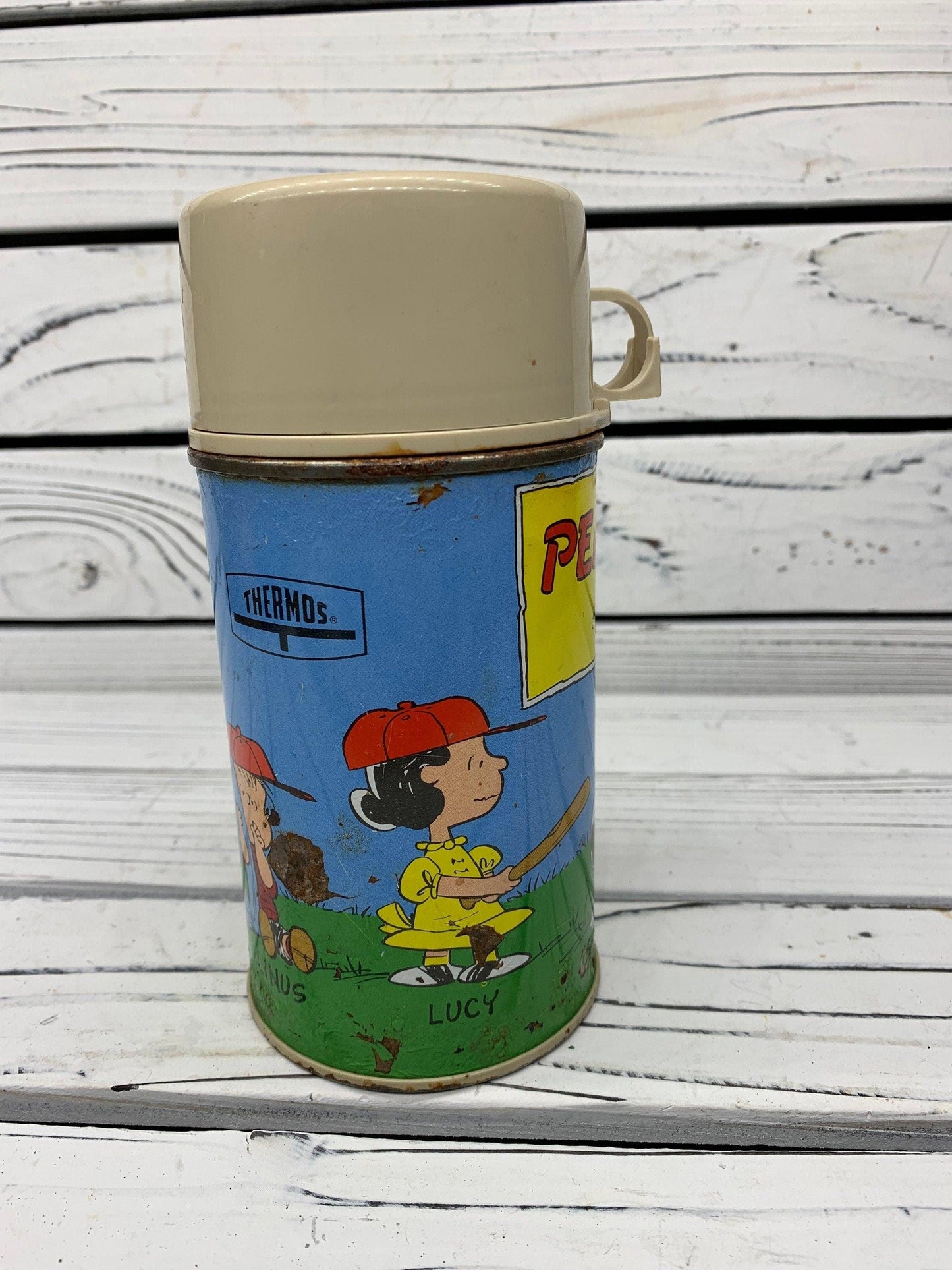 Vintage Metal Peanuts Snoopy Thermos, Snoopy Kids Lunchbox Thermos, 1950s -Located at Funkyhouse Vintage Antique Store, Weiser Idaho