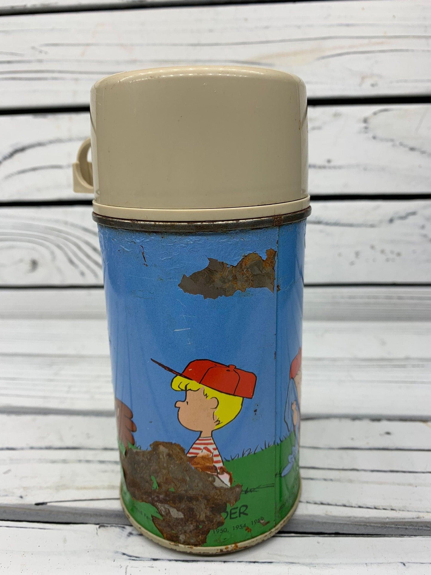 Vintage Metal Peanuts Snoopy Thermos, Snoopy Kids Lunchbox Thermos, 1950s -Located at Funkyhouse Vintage Antique Store, Weiser Idaho