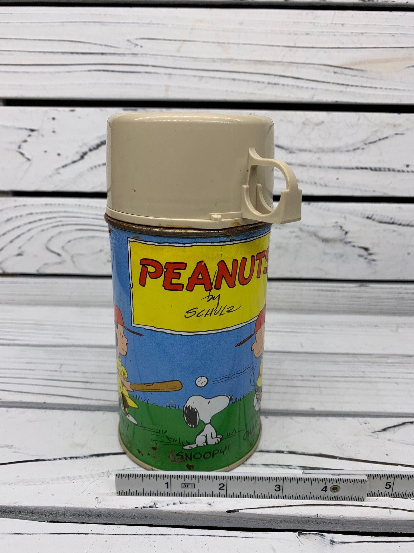Vintage Metal Peanuts Snoopy Thermos, Snoopy Kids Lunchbox Thermos, 1950s -Located at Funkyhouse Vintage Antique Store, Weiser Idaho
