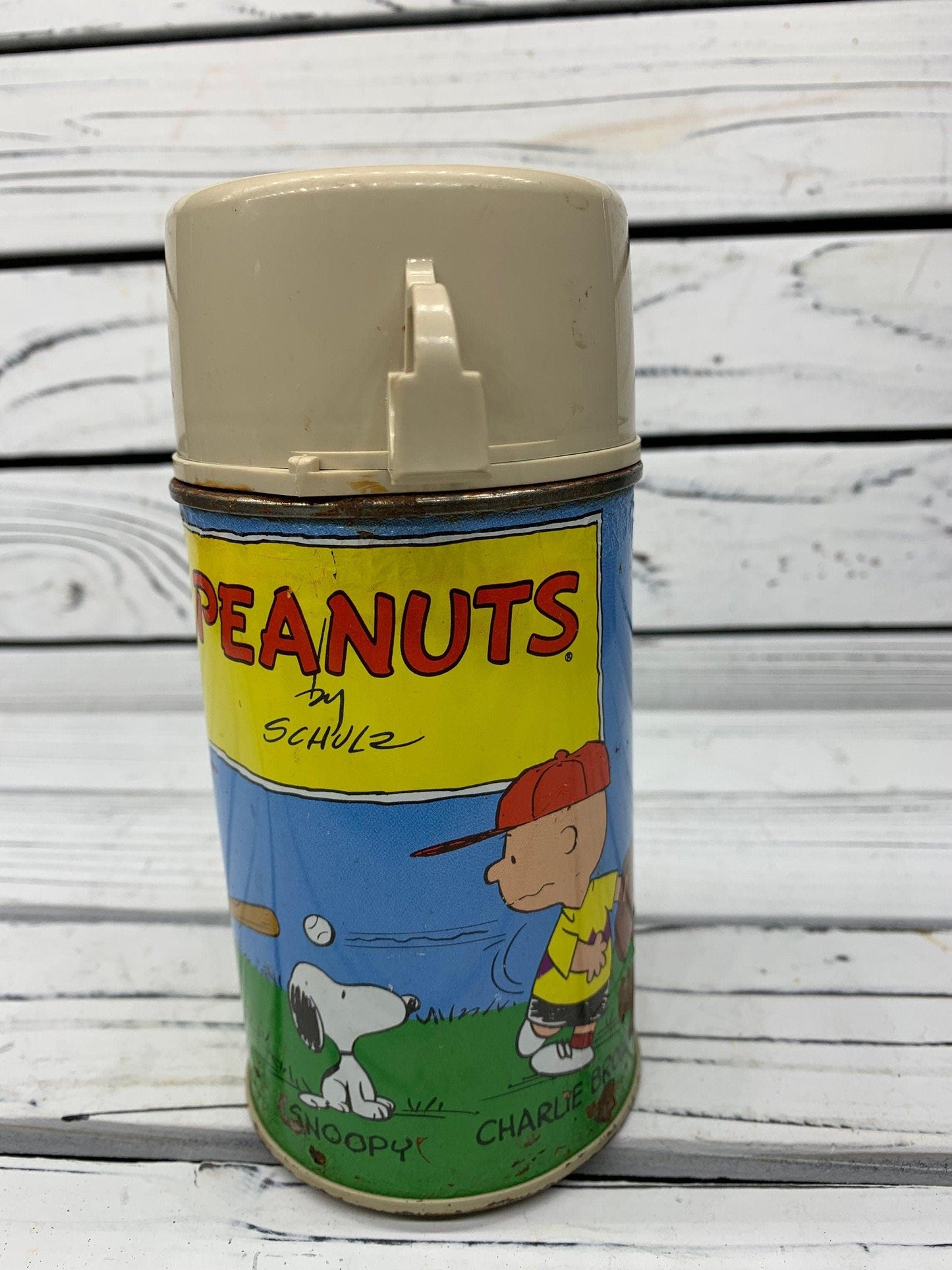 Vintage Metal Peanuts Snoopy Thermos, Snoopy Kids Lunchbox Thermos, 1950s -Located at Funkyhouse Vintage Antique Store, Weiser Idaho
