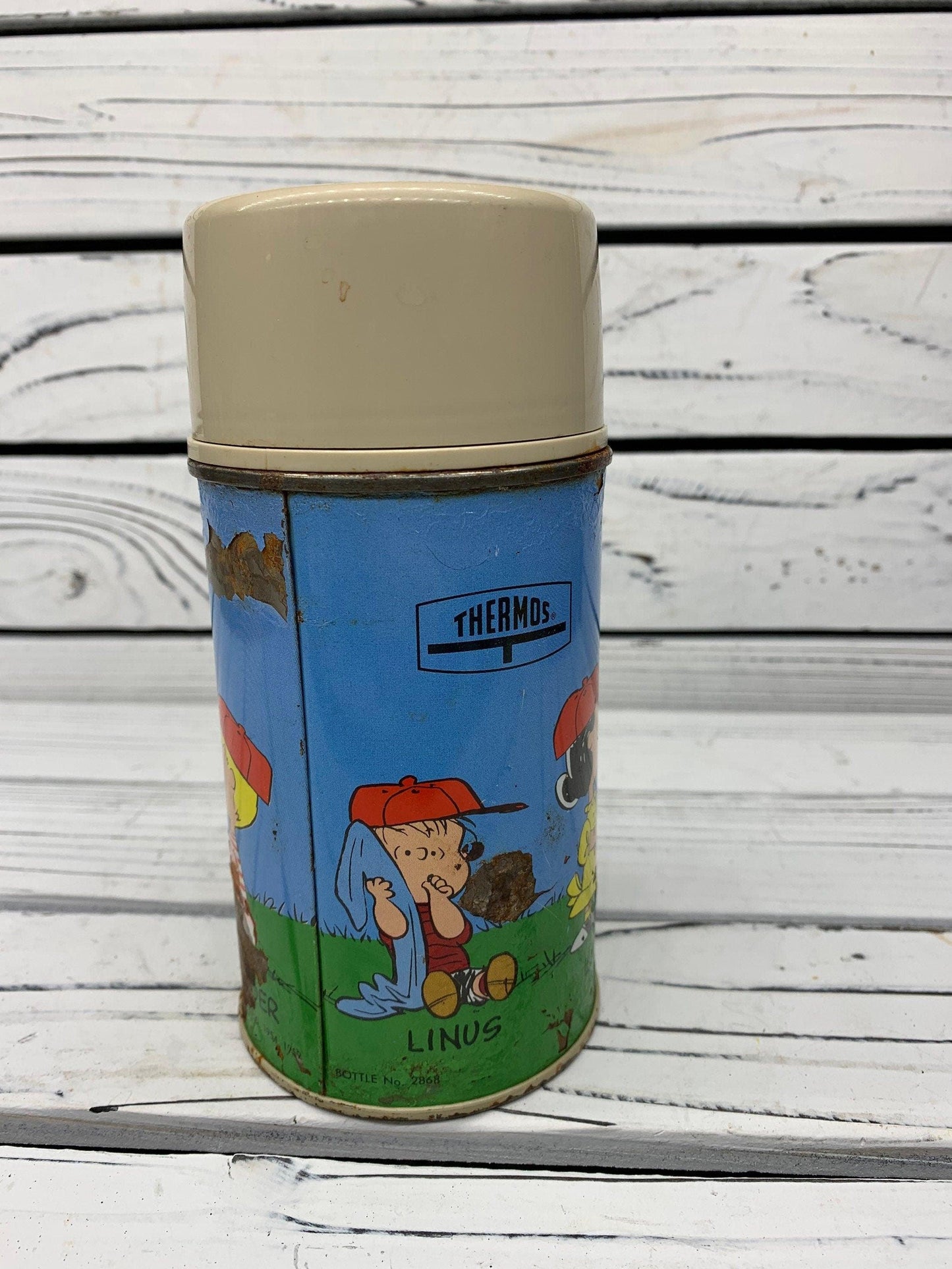 Vintage Metal Peanuts Snoopy Thermos, Snoopy Kids Lunchbox Thermos, 1950s -Located at Funkyhouse Vintage Antique Store, Weiser Idaho