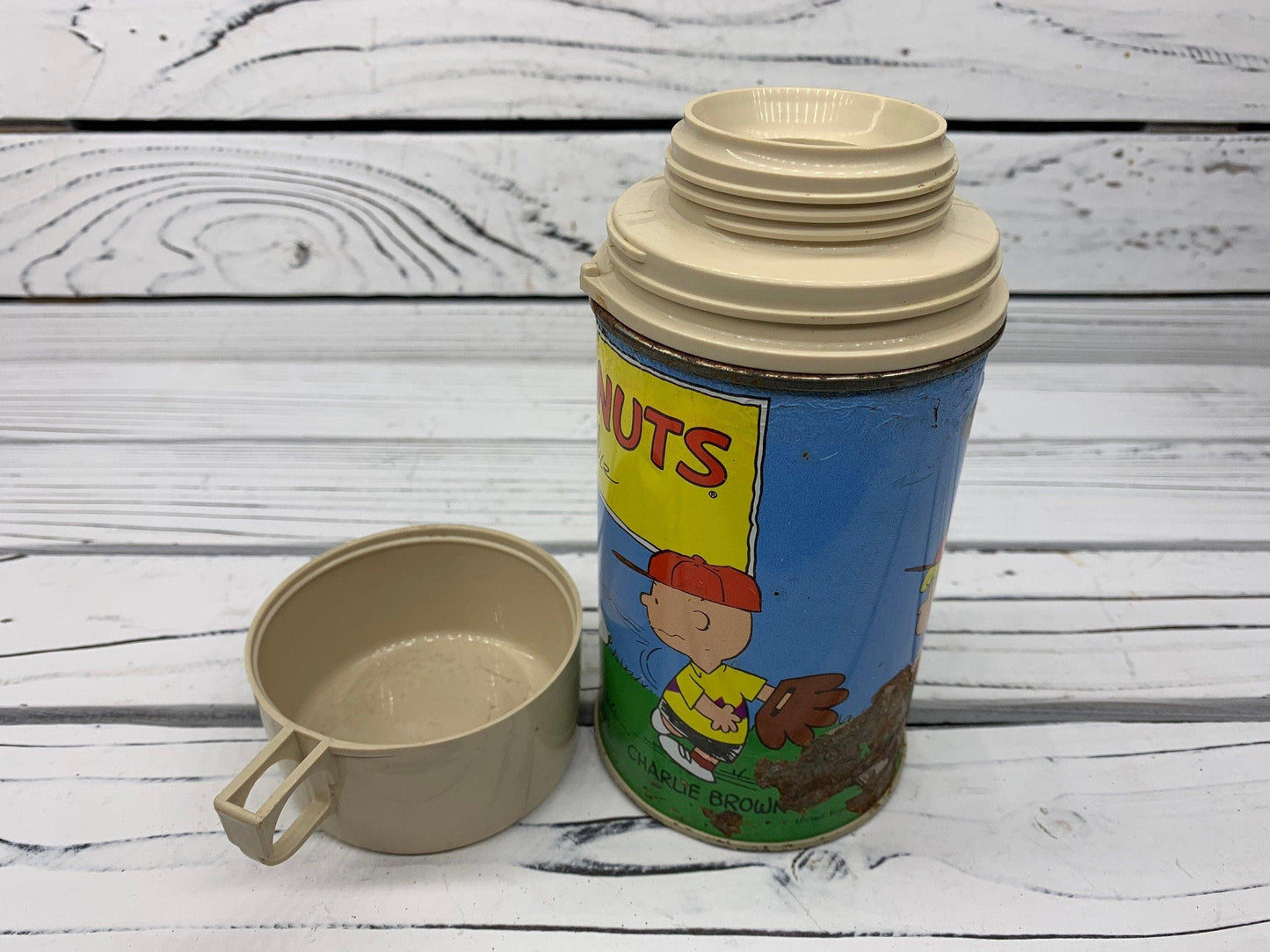Vintage Metal Peanuts Snoopy Thermos, Snoopy Kids Lunchbox Thermos, 1950s -Located at Funkyhouse Vintage Antique Store, Weiser Idaho