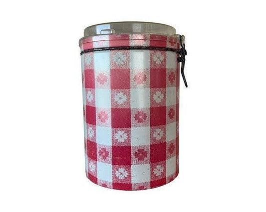 Vintage Metal Tin Canister Set in Pink and White Gingham Pattern , Country Farmhouse Kitchen Decor, Plaid Cottage Storage Canister -Located at Funkyhouse Vintage Antique Store, Weiser Idaho