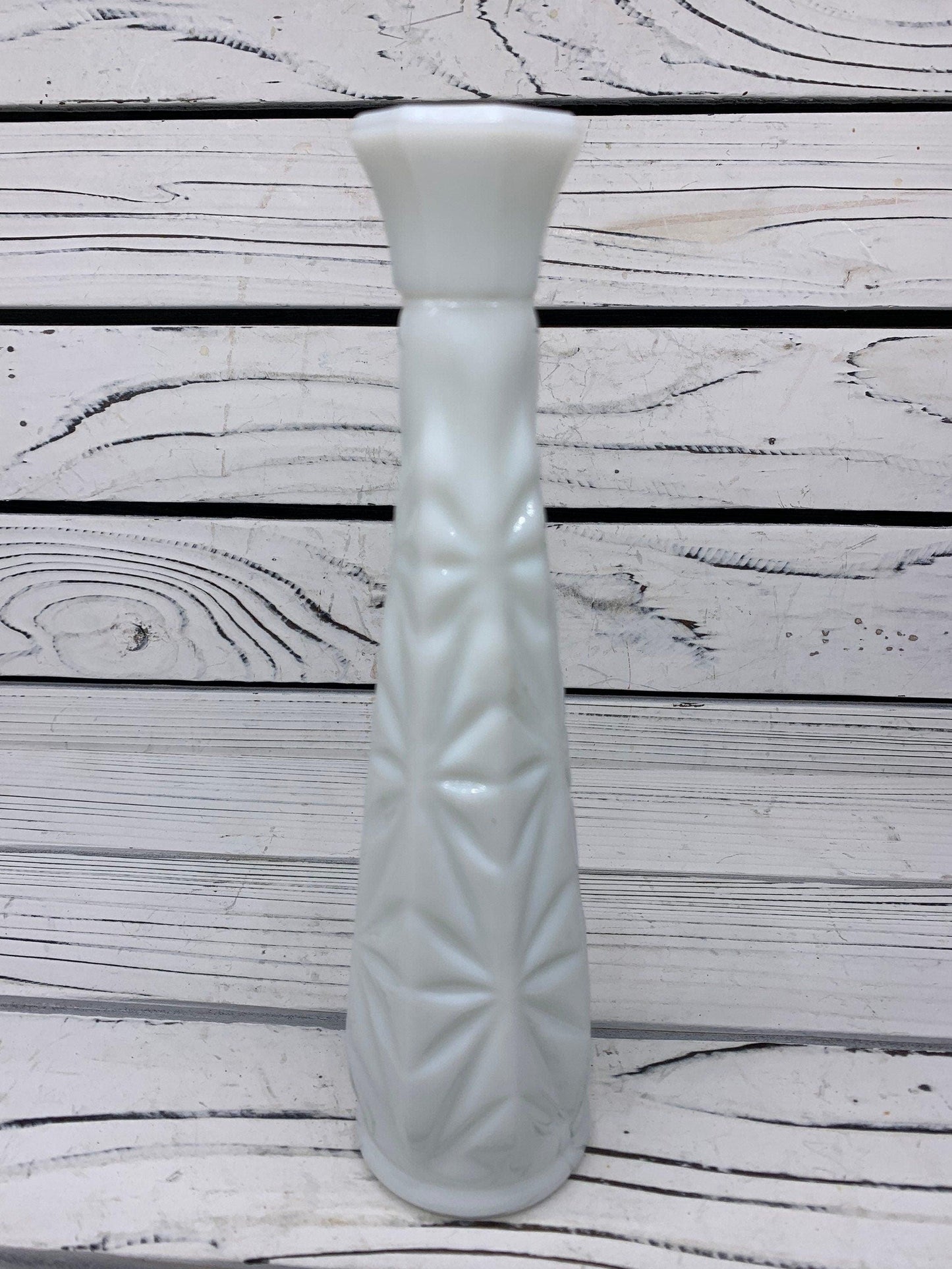 Vintage Milk Glass Flower Vase, White Glass Bud Vase With Etched Detail For Weddings Or Showers -Located at Funkyhouse Vintage Antique Store, Weiser Idaho