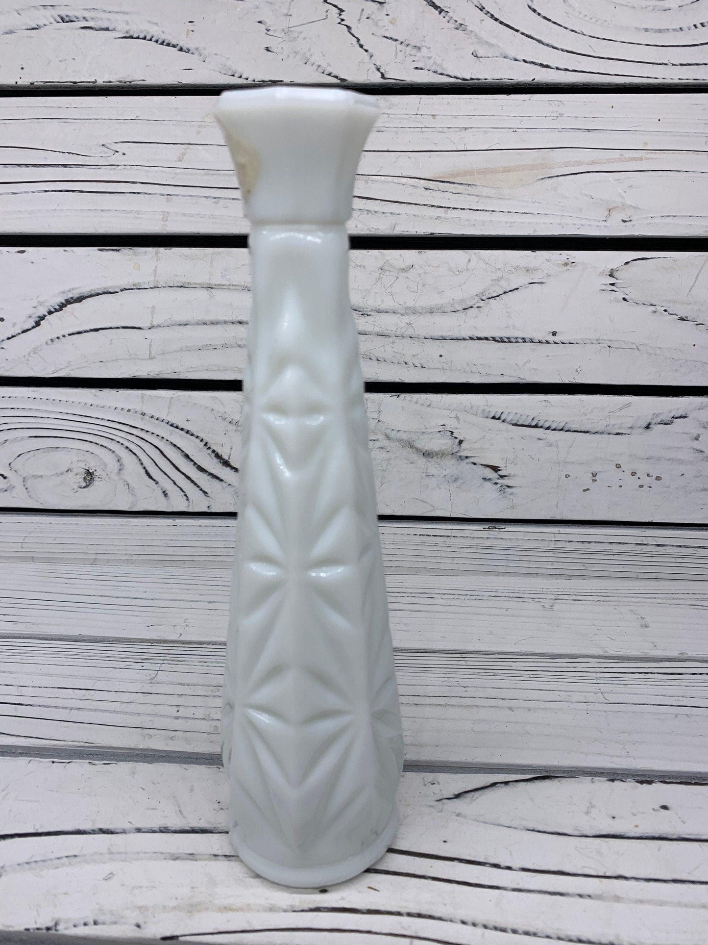 Vintage Milk Glass Flower Vase, White Glass Bud Vase With Etched Detail For Weddings Or Showers -Located at Funkyhouse Vintage Antique Store, Weiser Idaho