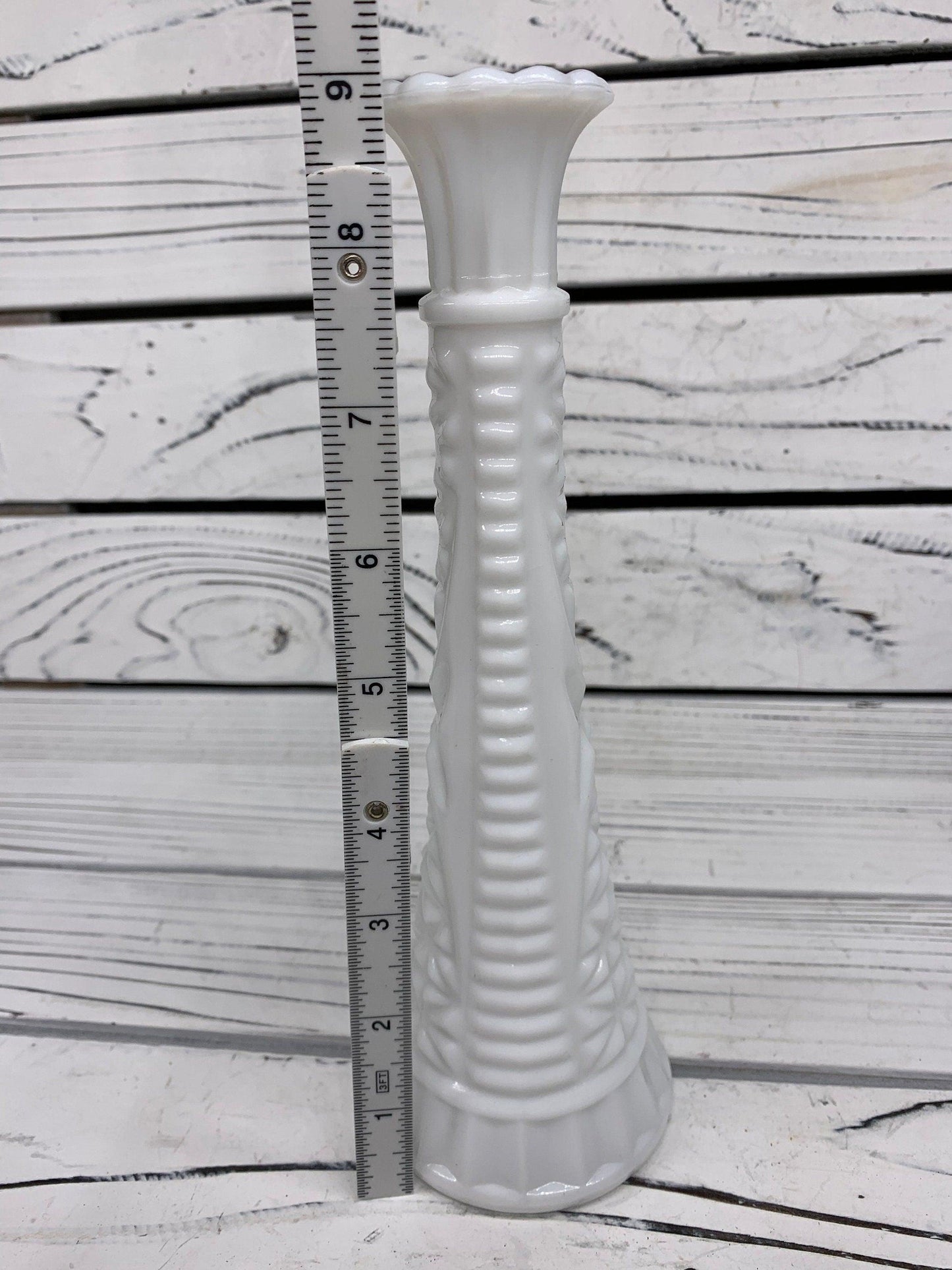 Vintage Milk Glass Vase, White Single Rose Vase With Etched Detail For Weddings Or Showers -Located at Funkyhouse Vintage Antique Store, Weiser Idaho