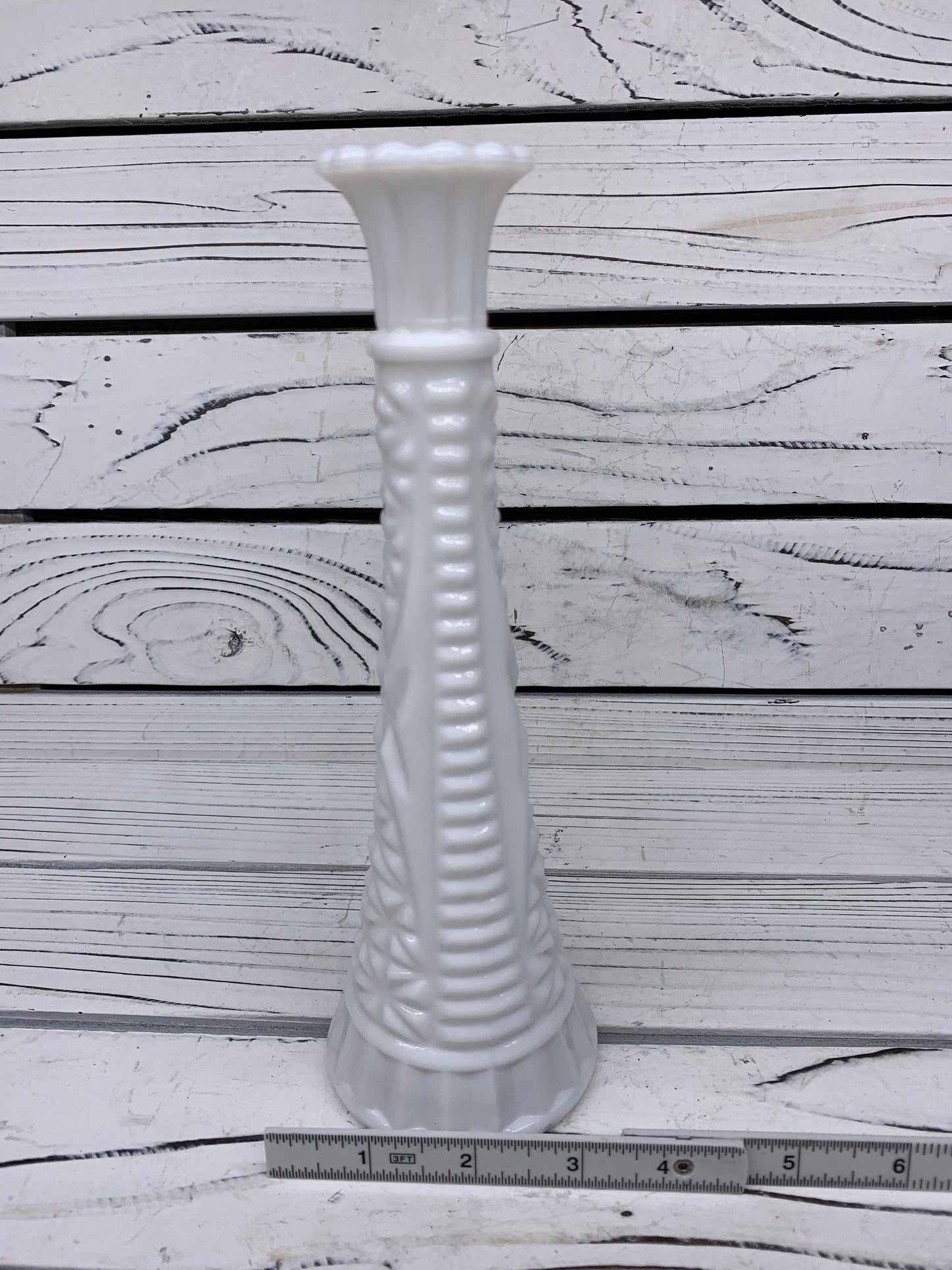 Vintage Milk Glass Vase, White Single Rose Vase With Etched Detail For Weddings Or Showers -Located at Funkyhouse Vintage Antique Store, Weiser Idaho