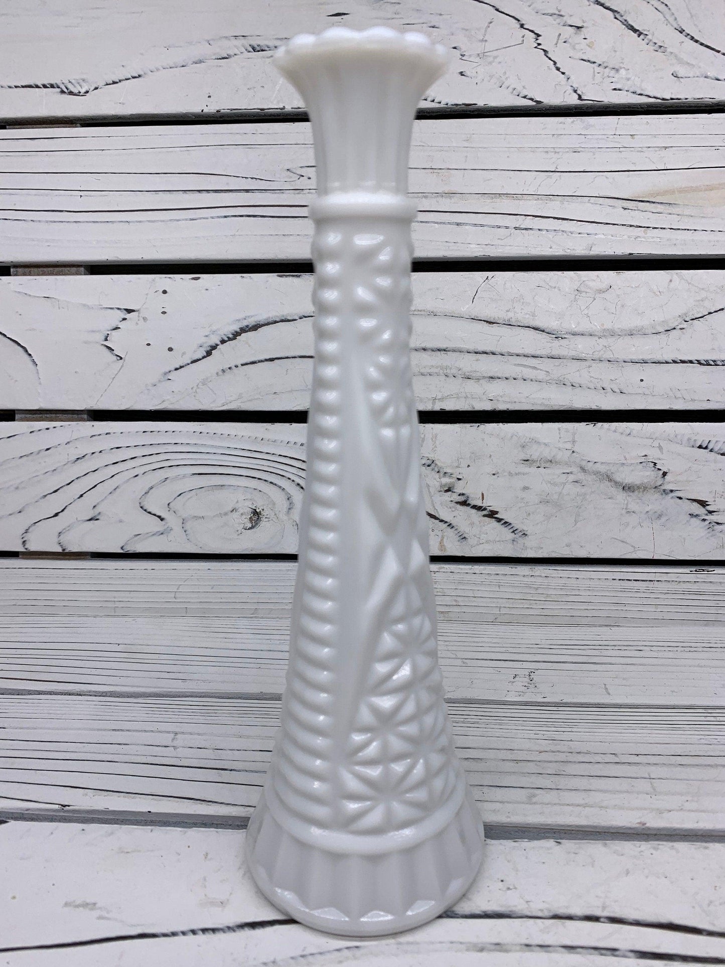 Vintage Milk Glass Vase, White Single Rose Vase With Etched Detail For Weddings Or Showers -Located at Funkyhouse Vintage Antique Store, Weiser Idaho