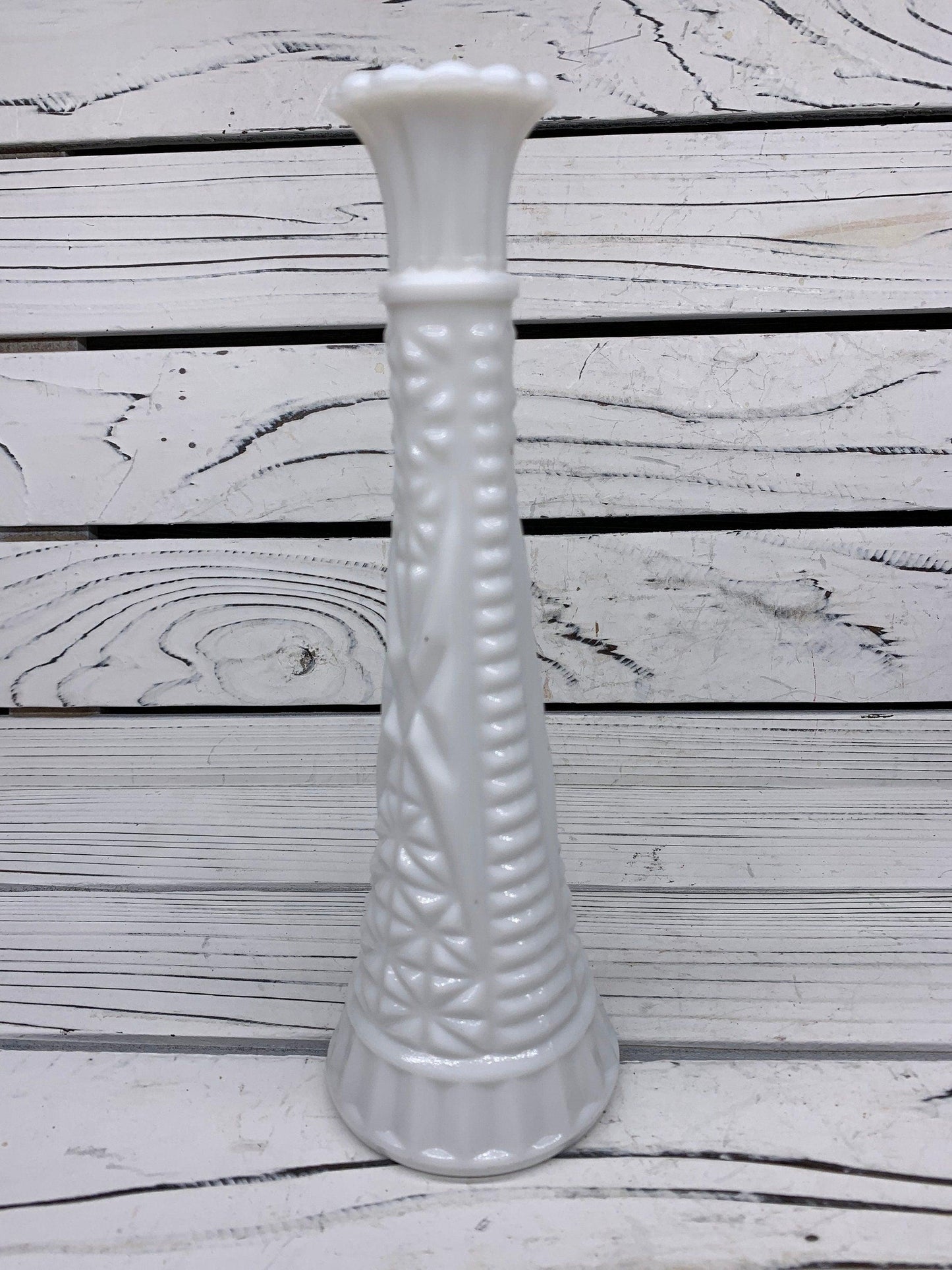 Vintage Milk Glass Vase, White Single Rose Vase With Etched Detail For Weddings Or Showers -Located at Funkyhouse Vintage Antique Store, Weiser Idaho