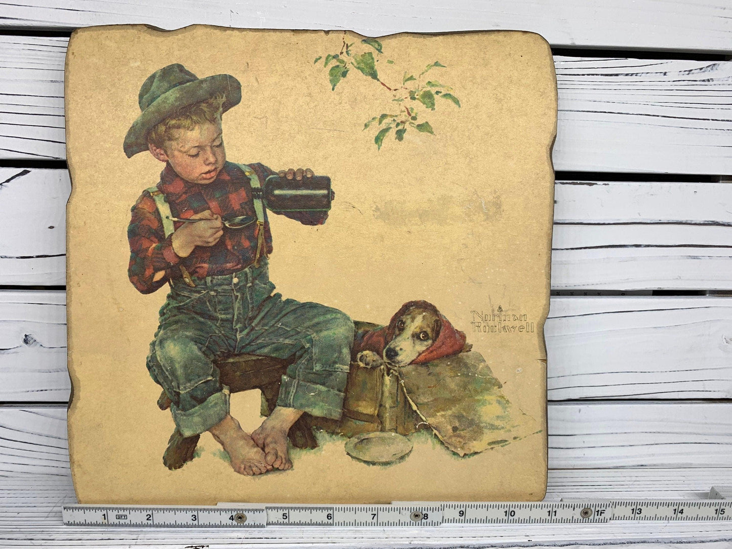Vintage Norman Rockwell Wall Art, A Little Boy and His Best Friend Puppy Pressed Wood Wall Art, 1950s Farmhouse Country Decor -Located at Funkyhouse Vintage Antique Store, Weiser Idaho