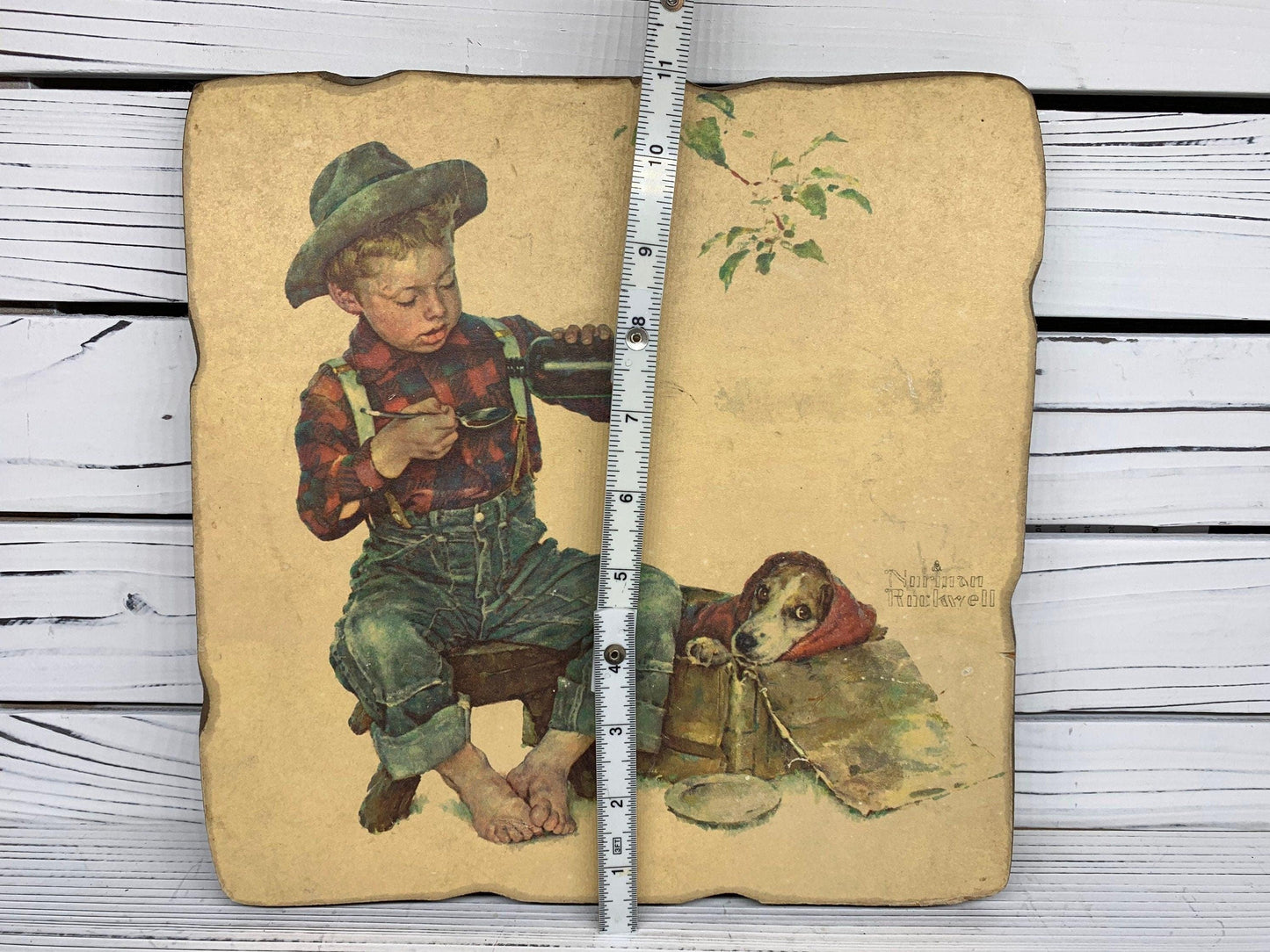 Vintage Norman Rockwell Wall Art, A Little Boy and His Best Friend Puppy Pressed Wood Wall Art, 1950s Farmhouse Country Decor -Located at Funkyhouse Vintage Antique Store, Weiser Idaho