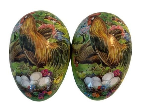 Vintage Paper Mache Easter Eggs, Set of Two, Made in Germany, Rooster Cardboard Home Decor -Located at Funkyhouse Vintage Antique Store, Weiser Idaho