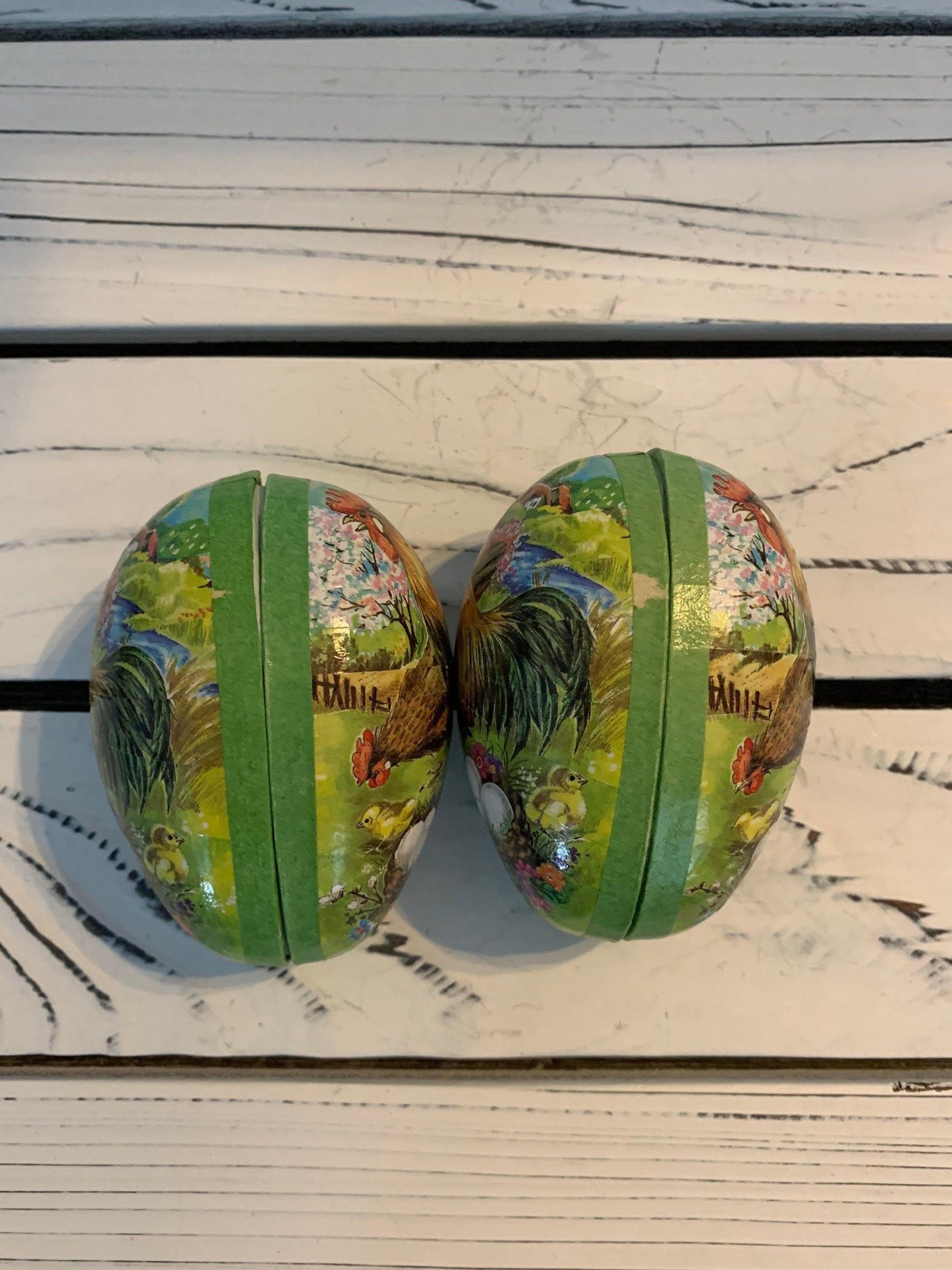 Vintage Paper Mache Easter Eggs, Set of Two, Made in Germany, Rooster Cardboard Home Decor -Located at Funkyhouse Vintage Antique Store, Weiser Idaho