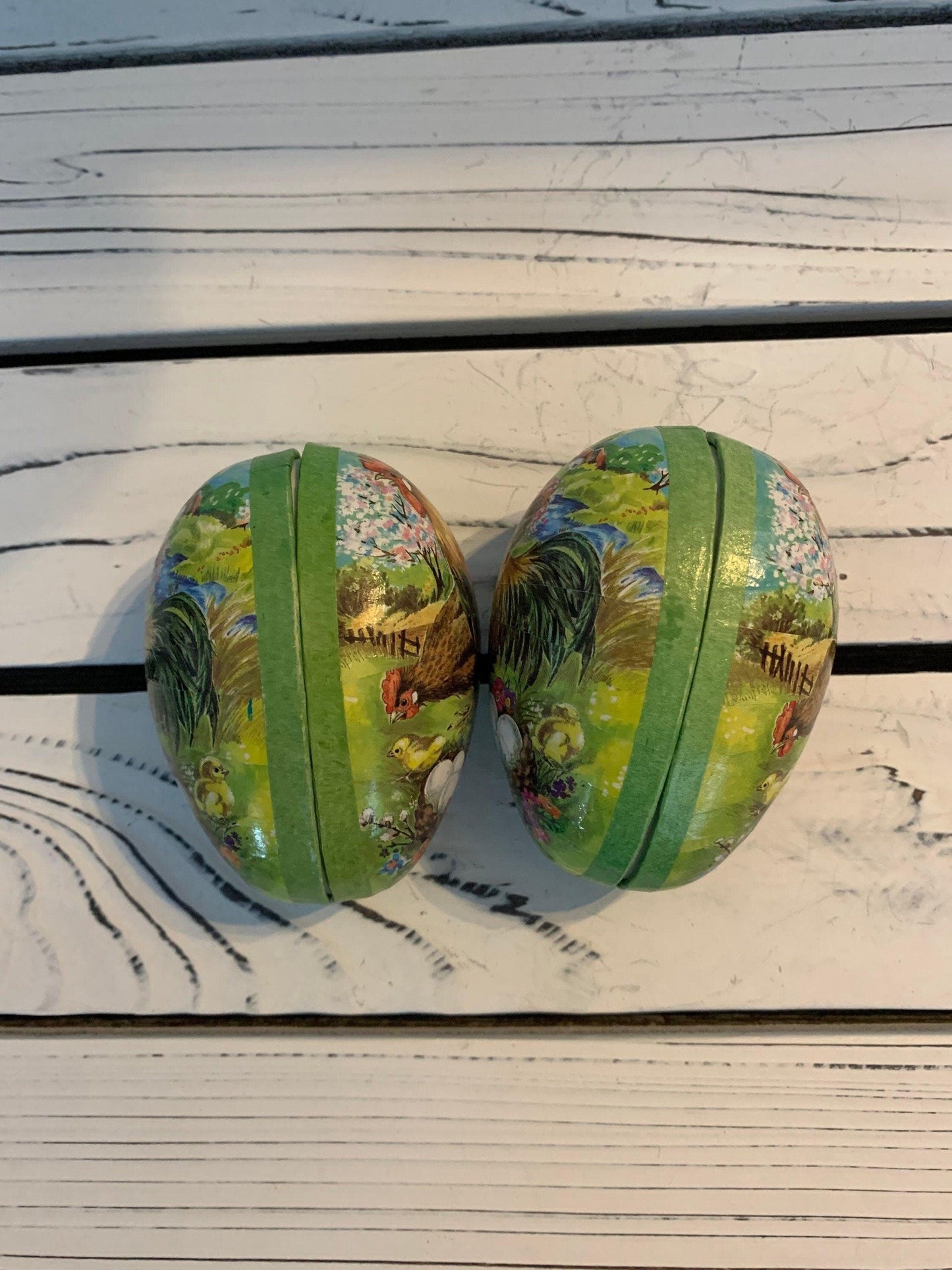 Vintage Paper Mache Easter Eggs, Set of Two, Made in Germany, Rooster Cardboard Home Decor -Located at Funkyhouse Vintage Antique Store, Weiser Idaho