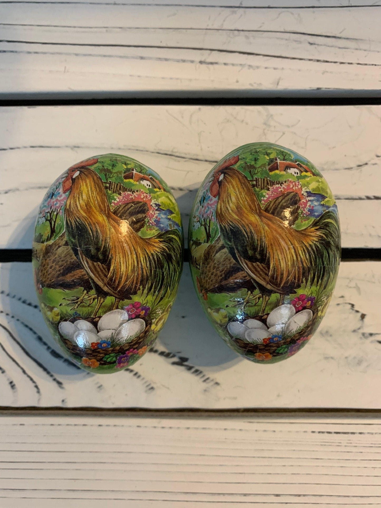 Vintage Paper Mache Easter Eggs, Set of Two, Made in Germany, Rooster Cardboard Home Decor -Located at Funkyhouse Vintage Antique Store, Weiser Idaho
